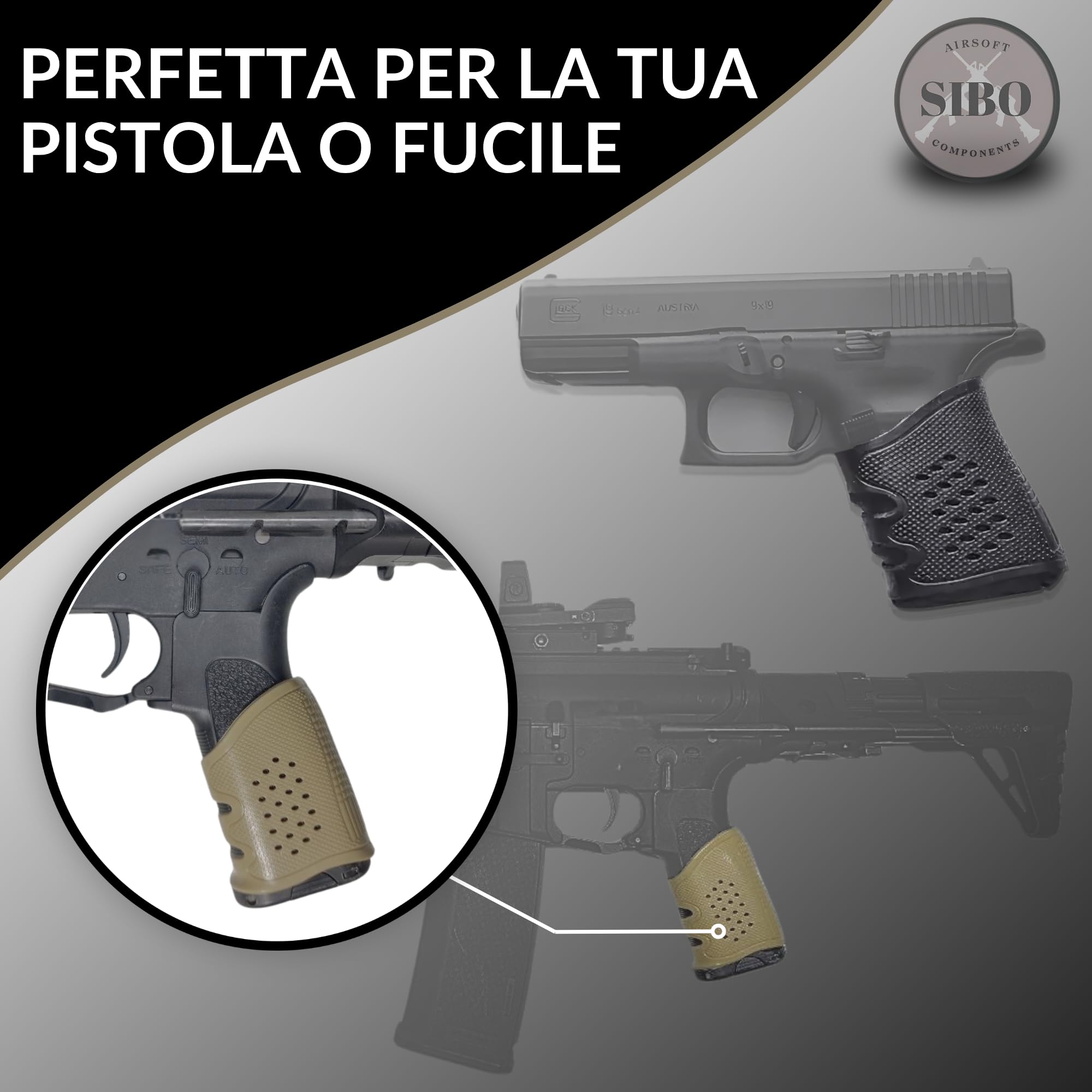 Sibo - Impugnatura Antiscivolo in Gomma (2 Pezzi) - Grip Ergonomico Universale per Softair - Accessorio Comfort per GBB AEG - Copertura per Manico Airsoft