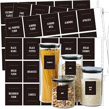 180 Preprinted Pantry Labels, Prefdo Waterproof Minimalist Food Label Stickers Set to Kitchen Organization Storage Containers, Jars & CanistersBlack