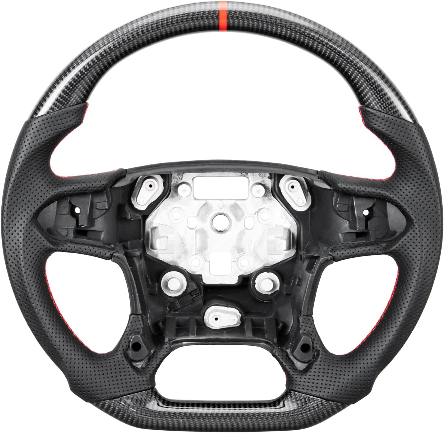 Handcrafted Flat Bottom Hydro Dip Carbon Fiber Steering Wheel Fit for Chevrolet Silverado/Suburban/Tahoe 2014-2018, Red Center Line with Perforated Leather Grip