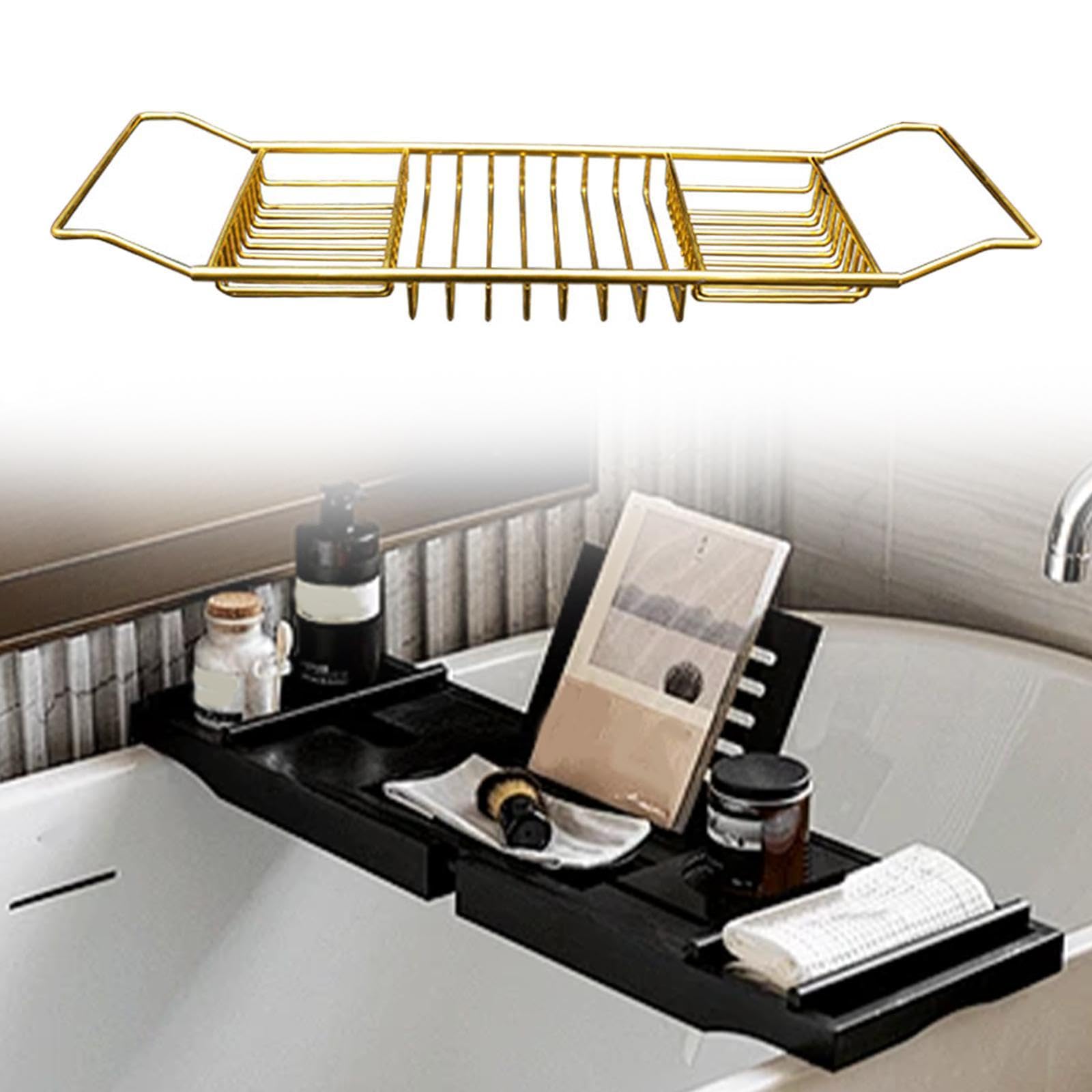 Baoblaze Vassoio per Vasca da Bagno Vassoio per Vasca da Bagno Semplice Antiscivolo Multifunzionale Supporto per Vasca da Bagno Scarico Mensola per Bagno per, Oro