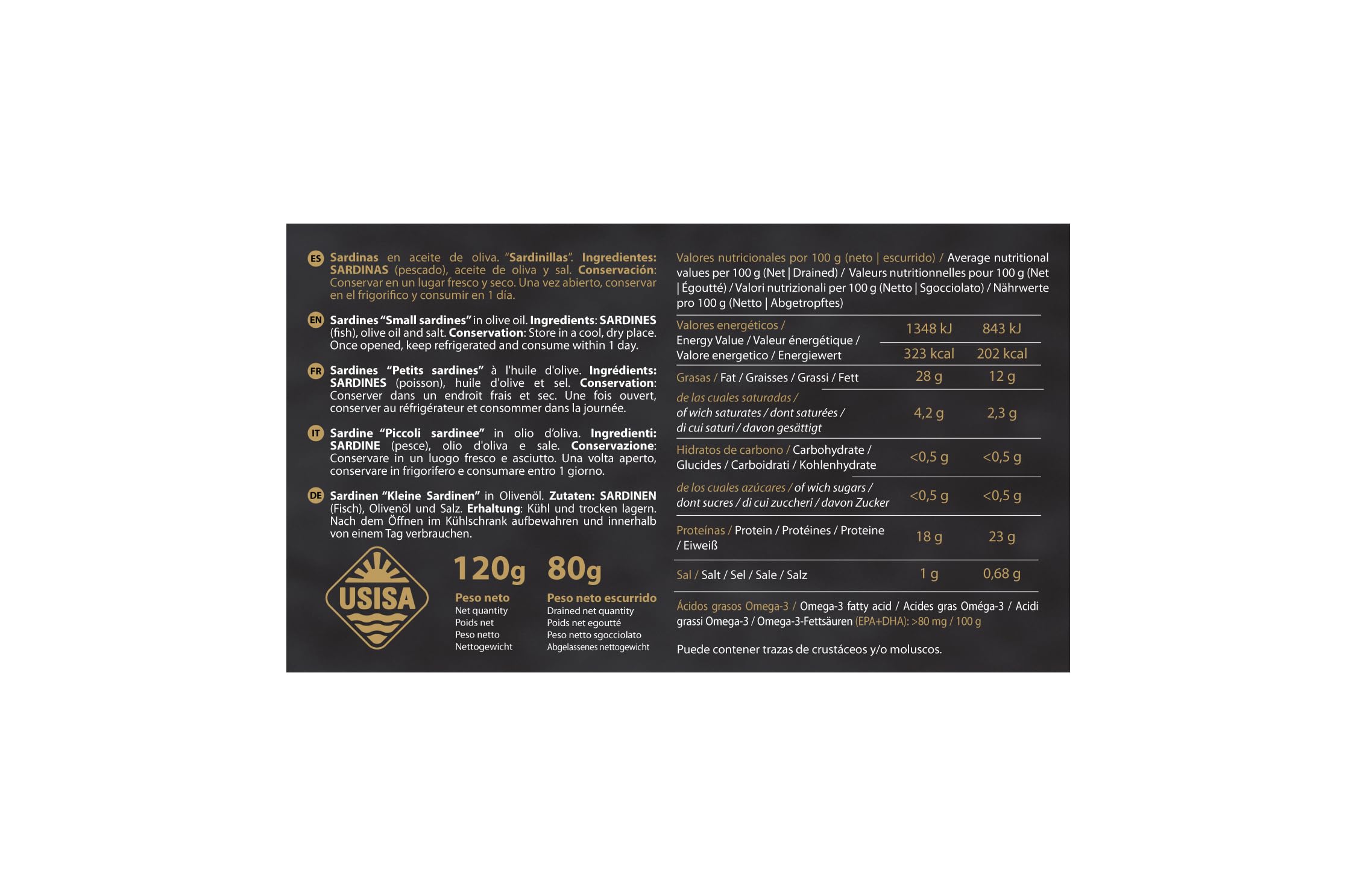 Sardinillas en Aceite de Oliva de USISA - Conserva de Pescado | Pack de 5 Latas de 120g