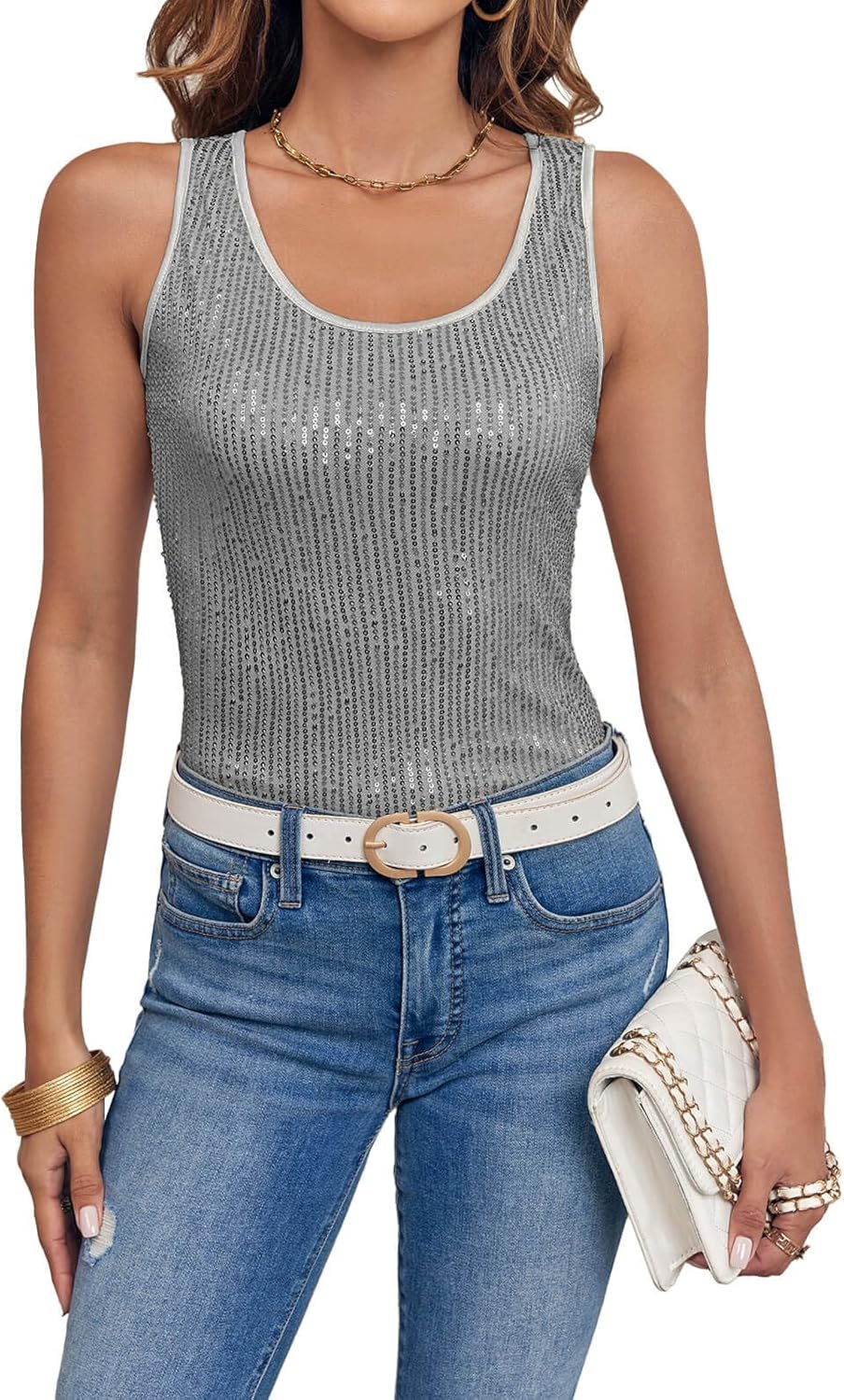 Fazortev Women's Sequin Tank Tops Sleeveless Scoop Neck Sparkly Sexy Party Camisole Vest