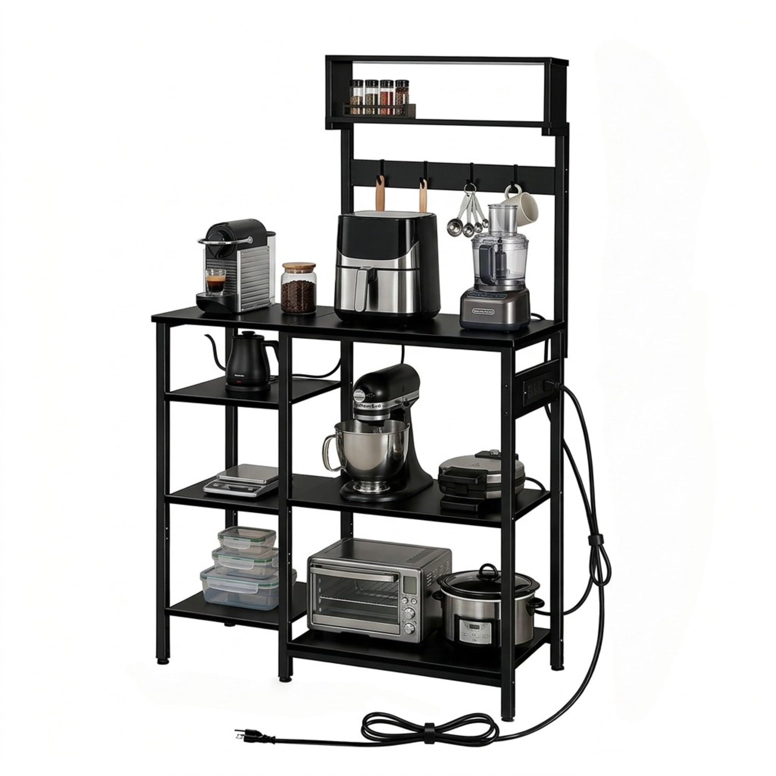Relaxdays Mobile Cucina Effetto Legno con Presa USB, 151x82x40 cm, per microonde, Nero