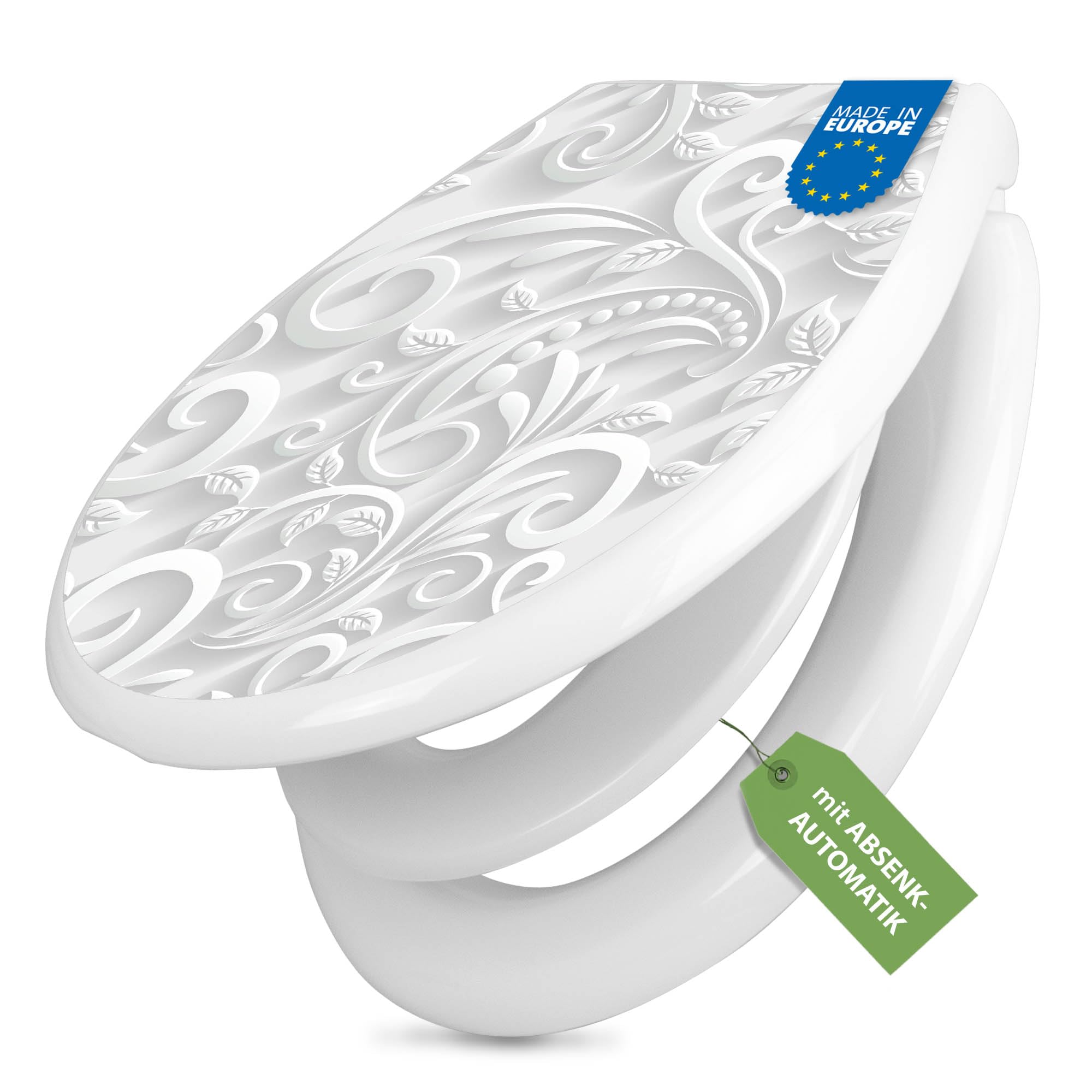 banjado Familien WC Sitz mit Absenkautomatik 44,9x37,1cm - Klobrille mit Kindersitz aus hochwertigem Polypropylen - Toilettendeckel mit Kinder Toilettensitz integriert - Motiv White Swirl
