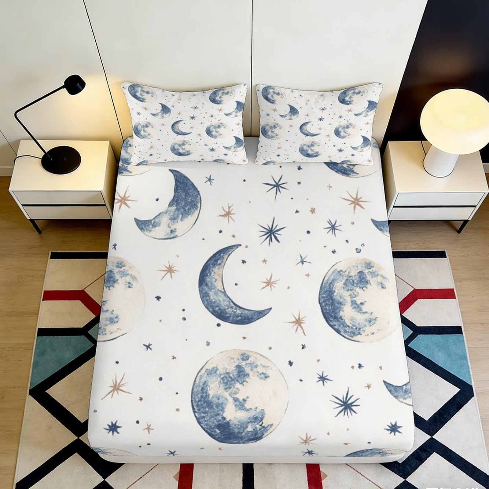 3D Printed Moon Star Fitted Sheet Microfiber Soft Breathable Night Sky Mattress Cover for Bedroom Dorm Decor 90x200x25cm