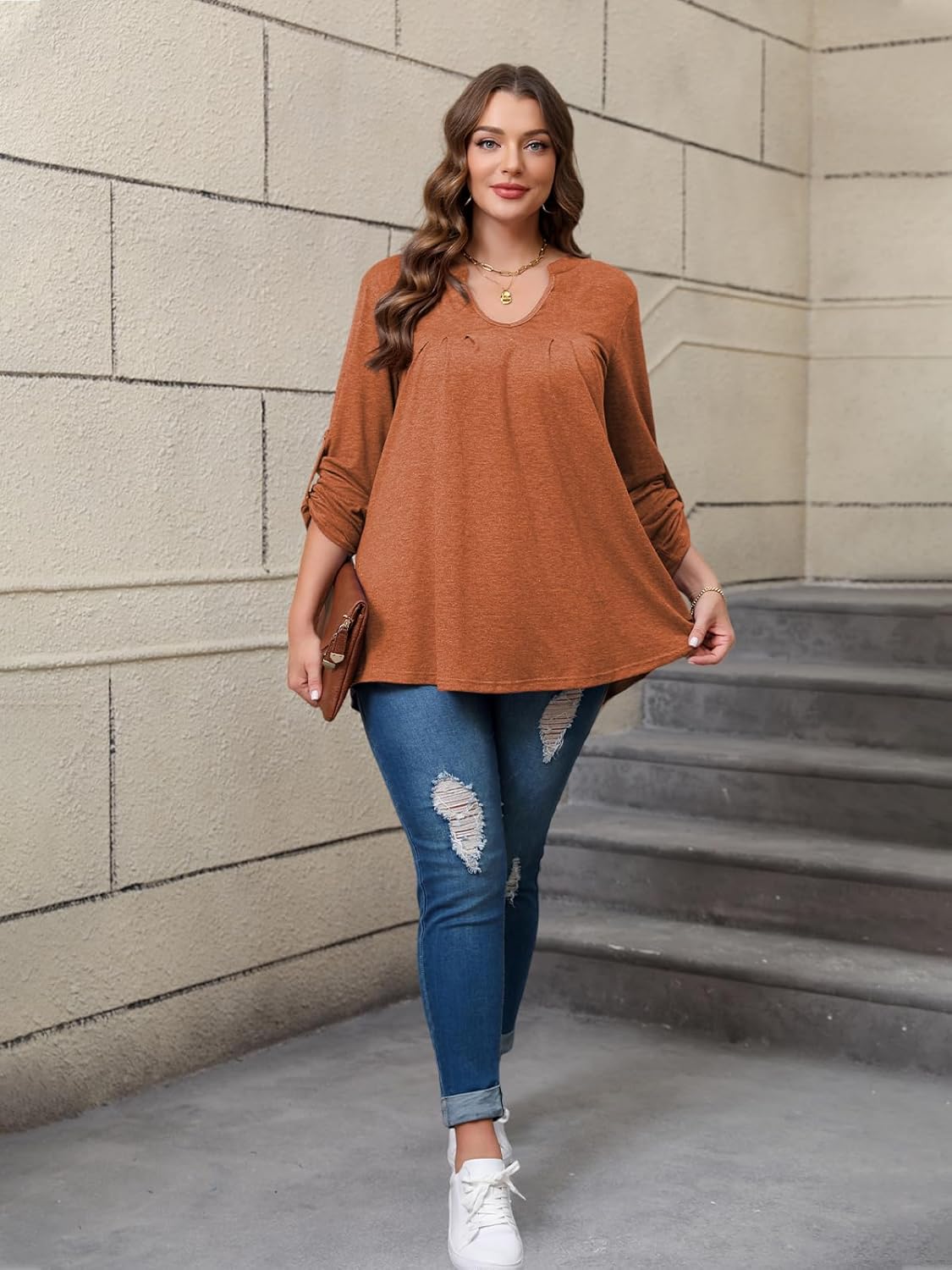 Women's Plus Size Tops V Neck Roll Up 3/4 Sleeve Tunic Pleated Casual Shirts Trendy Dressy Flowy Going Out Blouse - Image 5