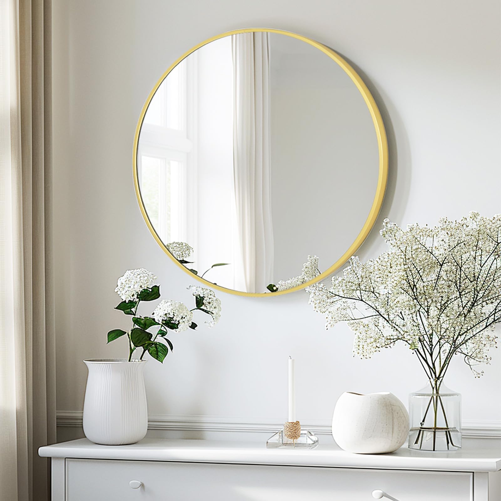 LunaMirror Round Wall Mirror 90x90 CM Circle Wall-Mounted Bathroom Vanity Mirror Stylish Black Aluminum Frame Home Decor Hanging for Bathroom Hallway Entrance Living Room Bedroom
