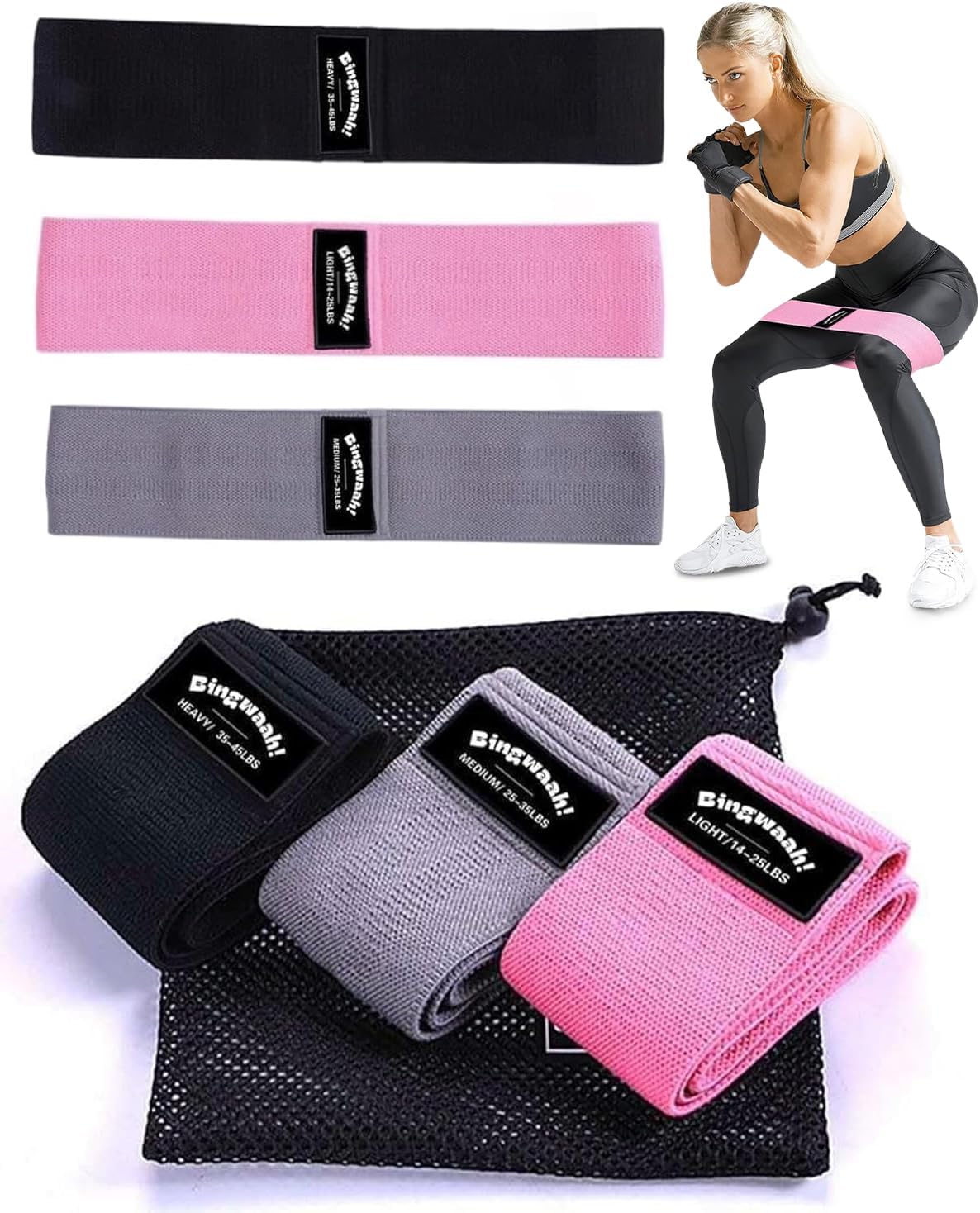 Bingwaah Loop Resistance Exercise Bands – Fabric & Elastic Sets of Exercise Bands for Strength Training - Rehab, Yoga, Pilates & Home Workout with Instruction Guide