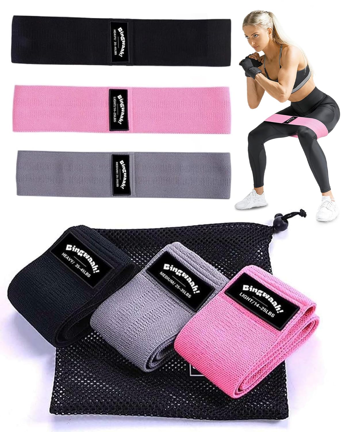 Bingwaah - Fasce di resistenza in tessuto per muscoli di tutto il corpo - Fasce di allenamento regolabili da 6,4 a 20,4 kg, leggere e portatili, con borsa da viaggio - ideali per allenamento di forza,