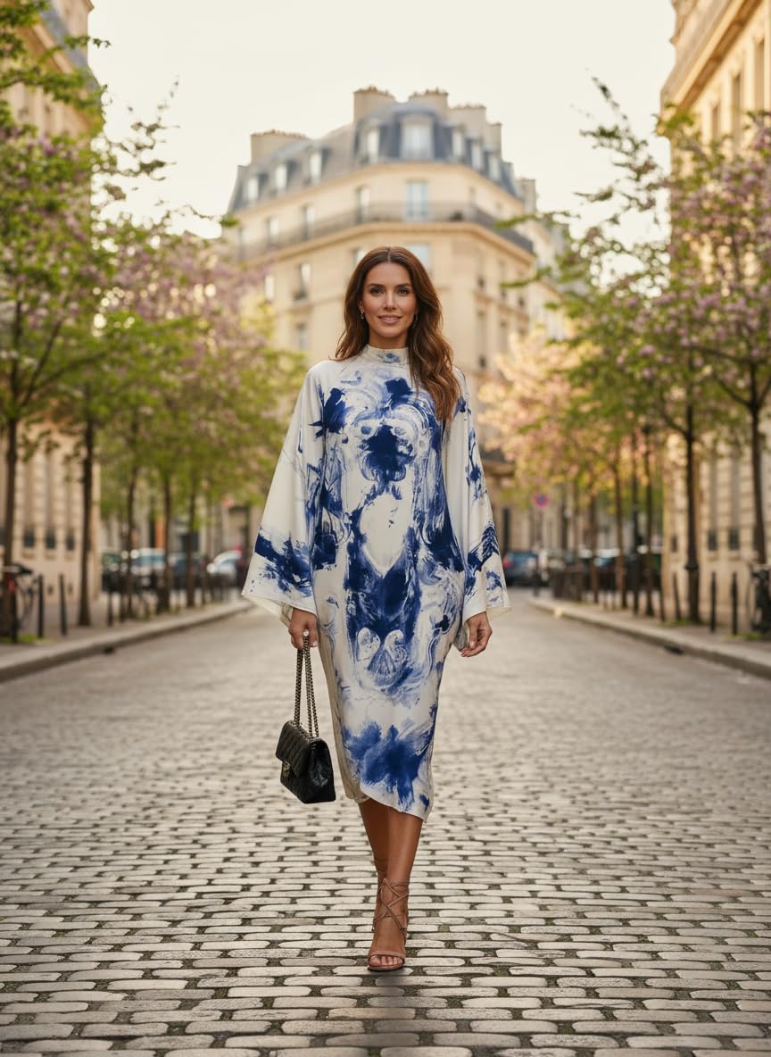 OSCORP Women’s Turtleneck Maxi Dresses with Paisley Abstract Ethnic Geometric Prints Bell Sleeve Loose Fit Elegant Style - Image 5