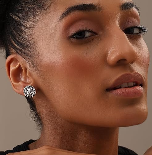 Miniatura 4 de LeCalla Aretes de tuerca de plata de ley 925, ligeros, de dos tonos, de filigrana antigua, para mujer, regalos para ella