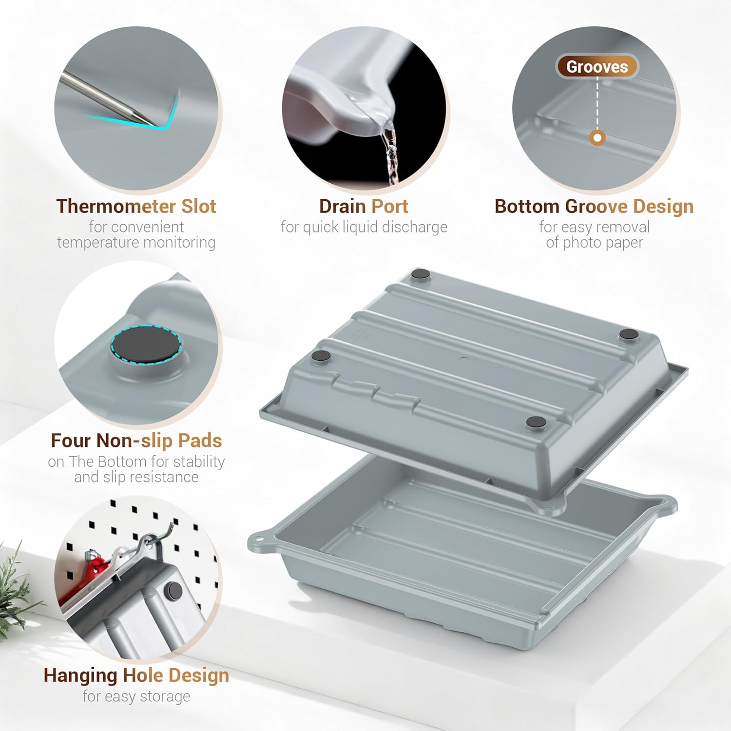 JJC Darkroom Developing Tray for 10x12” Photo Paper Prints, Set of 3 Colored Film Processing Trays with Silicone Tongs, Ribbed Base & Thermometer Corner, Durable PP Plastic (Gray, White, Red)