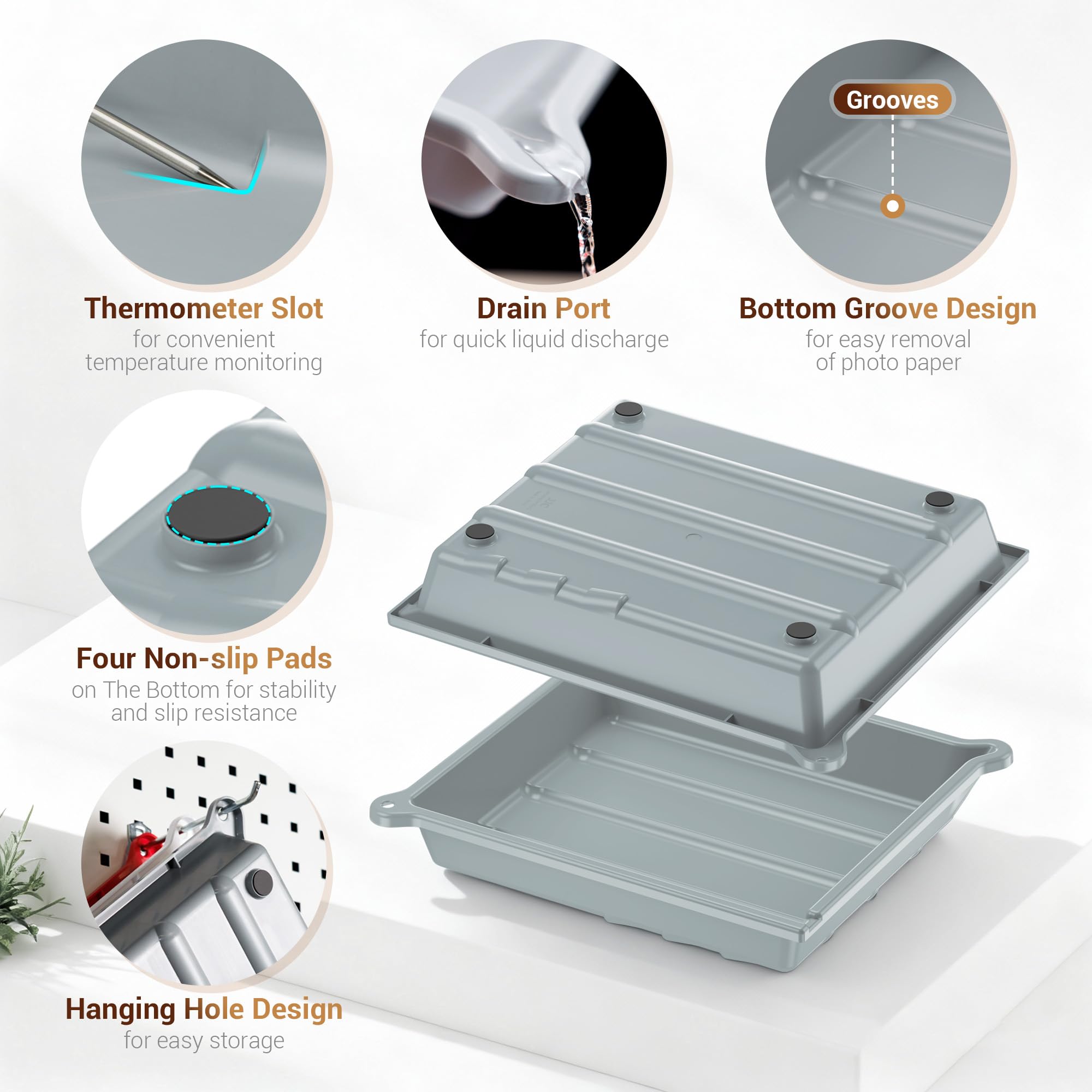 JJC Darkroom Plateau de développement de film pour impression photo avec clip en silicone, port de drainage et fente pour thermomètre, 33,4 x 38,4 cm, blanc