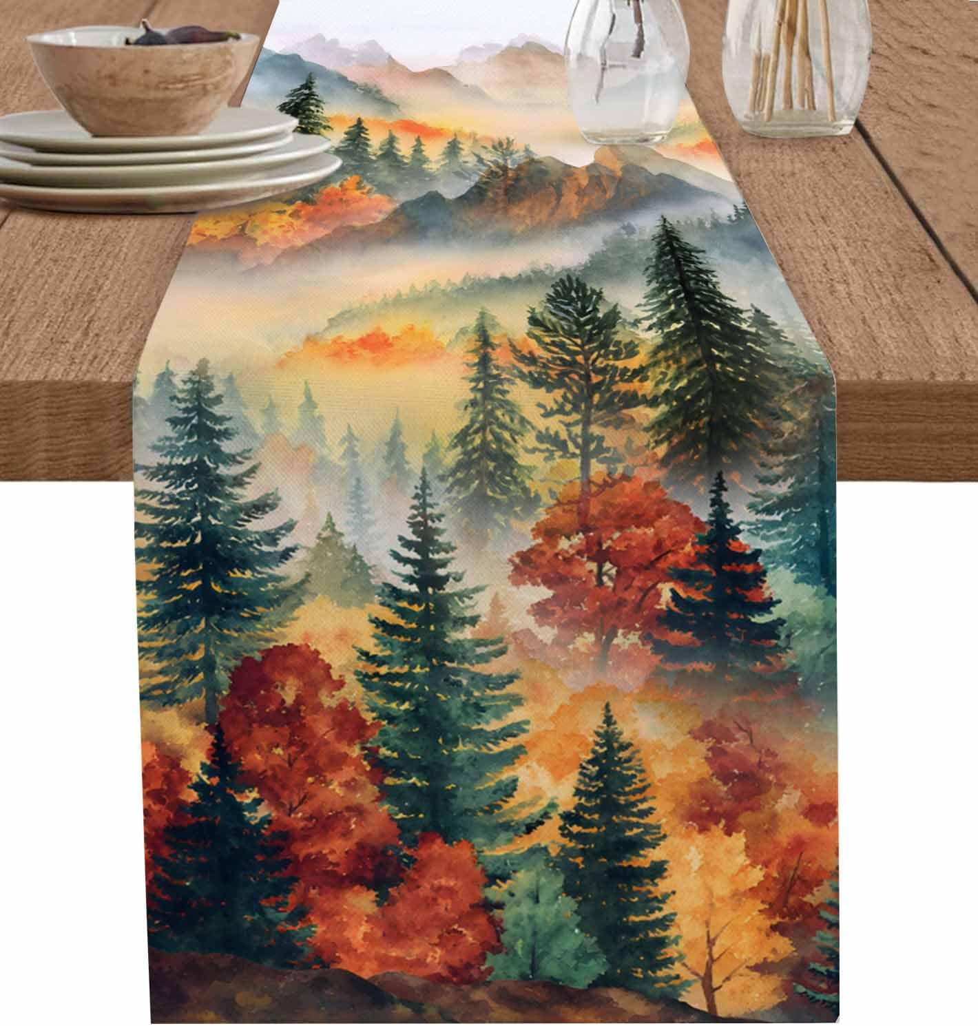 Fall Forest Table Runner 120 Inches Long for Dresser Dining Room Watercolor Mountains Woods Scenery Kitchen Dining Table Runners Table Decorations for Home Party Indoor Outdoor 13 x 120 Inch