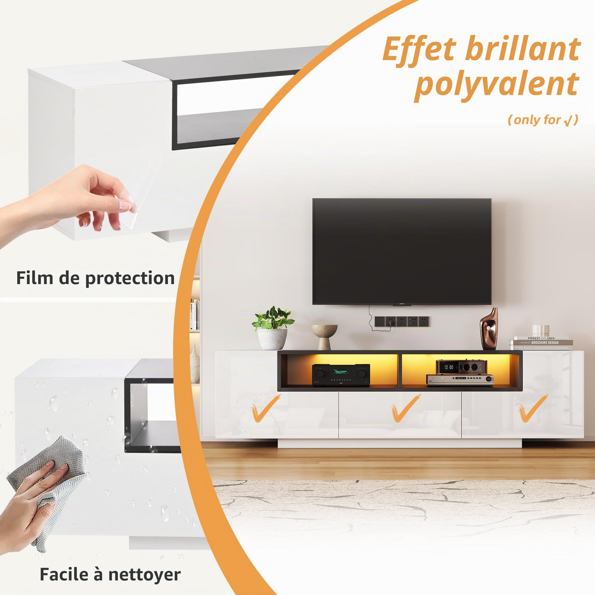 Meuble TV avec Lumières LED et Tiroirs, Armoire de Télévision avec 2 Portes Form L et Espace de Rangement Ouvert, Meuble Télé de Salon, Armoire Basse Salle de Séjour Intérieur (Blanc-4W)