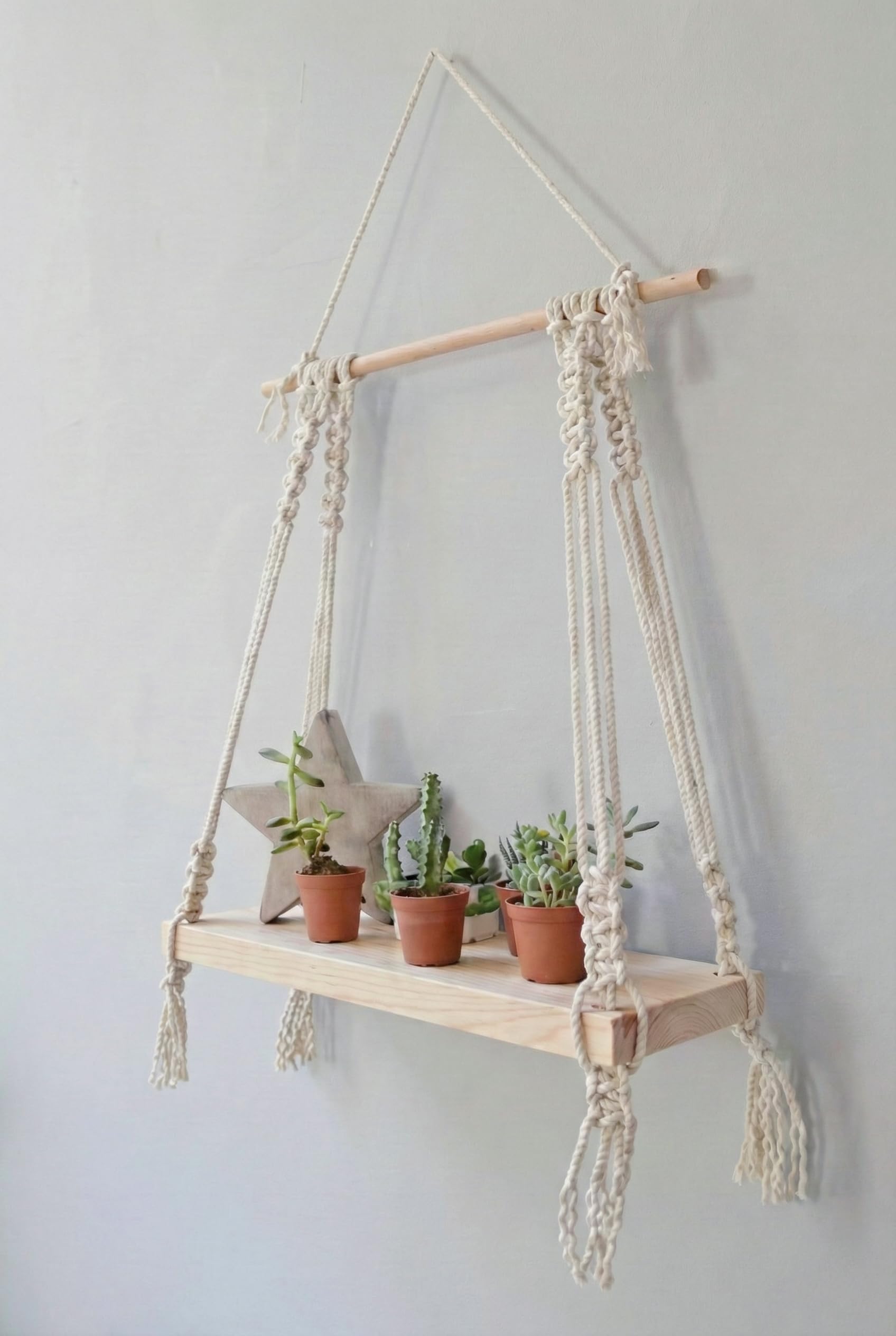 Decazone ® Macramé Wall Hanging Shelf Pine Wood Floating Shelve with Wooden Dowel Modern Chic Woven Décor for Dorm Living Room Nursery Beige Colour 55 x 43cm