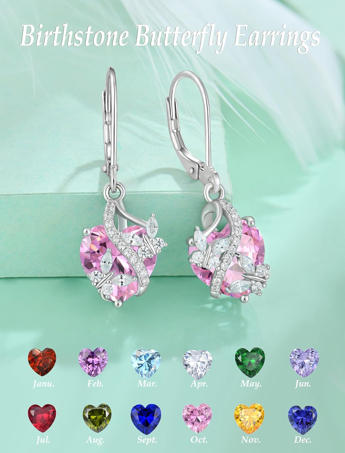 Butterfly Earrings for Women 925 Sterling Silver Heart Earring Birthstone Jewelry - Image 5