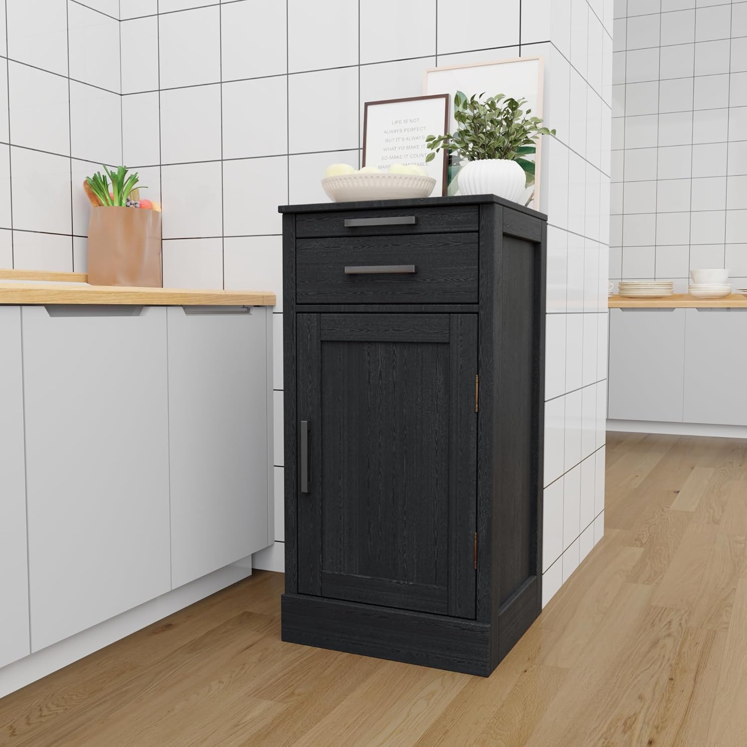 WERSMT Wine Cabinet Freestanding Floor with 2 Drawers, Wood Wine Rack Counter for Small Space, Farmhouse Stackable Modular Wine Bottle Holder Rack, Black