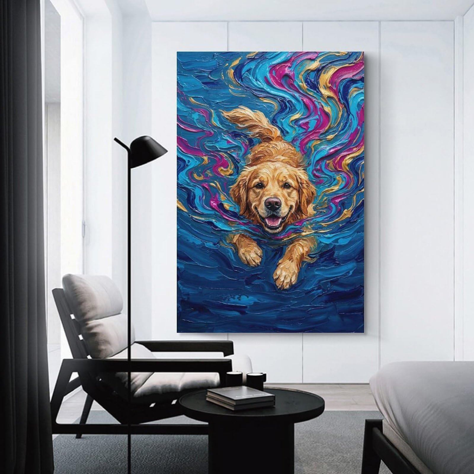 Junmoney Golden Retriever Swimming Abstract Painting Canvas Wall Decor 12x18inch(30x45cm), for Workspace Walls, Study Corners Or Bedrooms, Decorative Artwork for Productive Spaces
