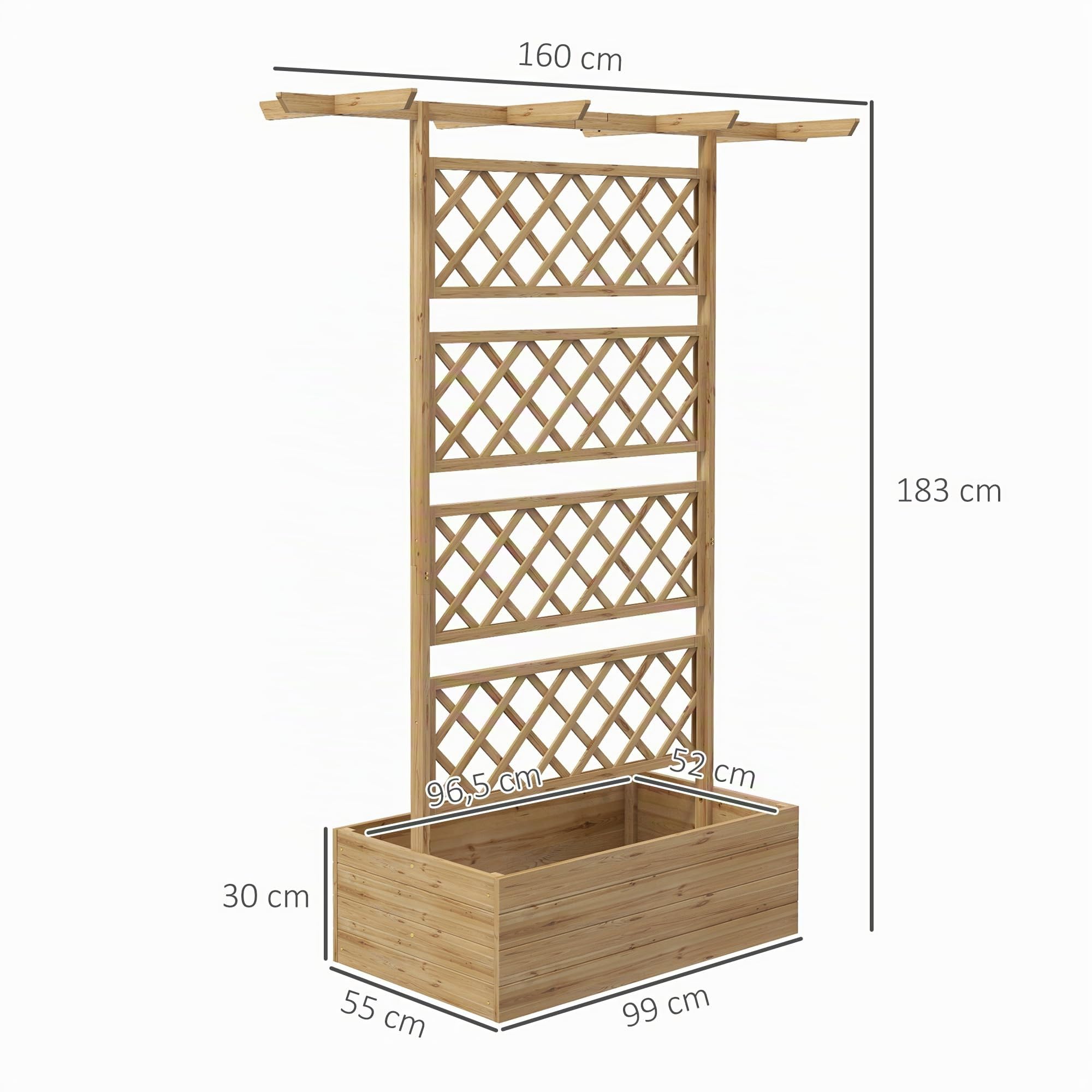 Outsunny Letto Rialzato per Orto con Traliccio e Pergola, Cassone per Orto e Giardino per Piante Rampicanti con Fondo Aperto, 160x55x183cm, Legno Naturale
