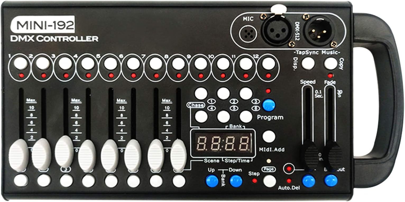 Dmx Console,Universal DMX-512 Controller 192 DMX 512 Stage DJ Light Controller 240 Different Scenes Dmx512 Console Applicable to 3-Pin DMX Cable for DJs Bands Bars Pubs Clubs Family Party Wedding etc…