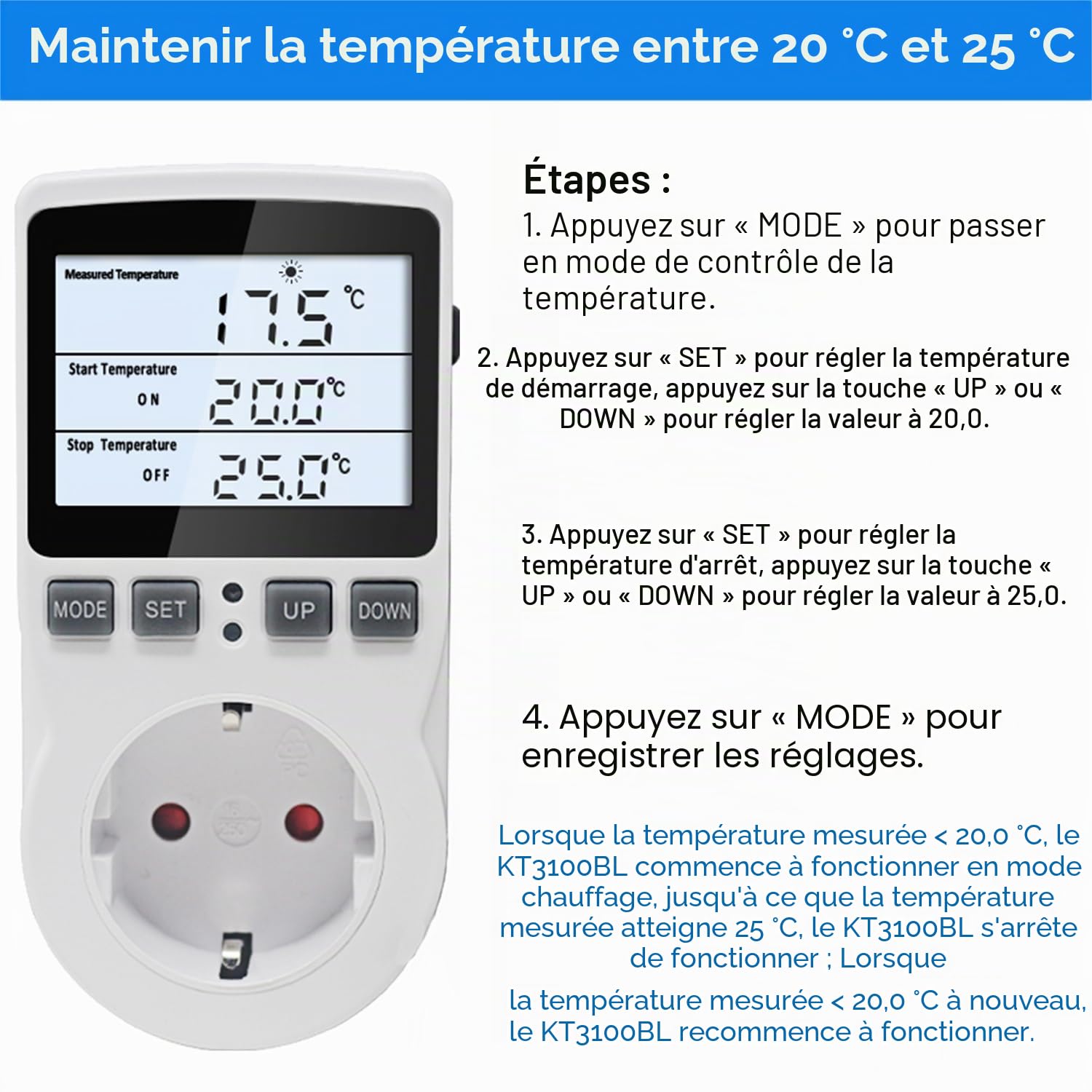 KETOTEK Prise Thermostat 220V avec rétro-éclairage, Sonde NTC de 3 Mètres