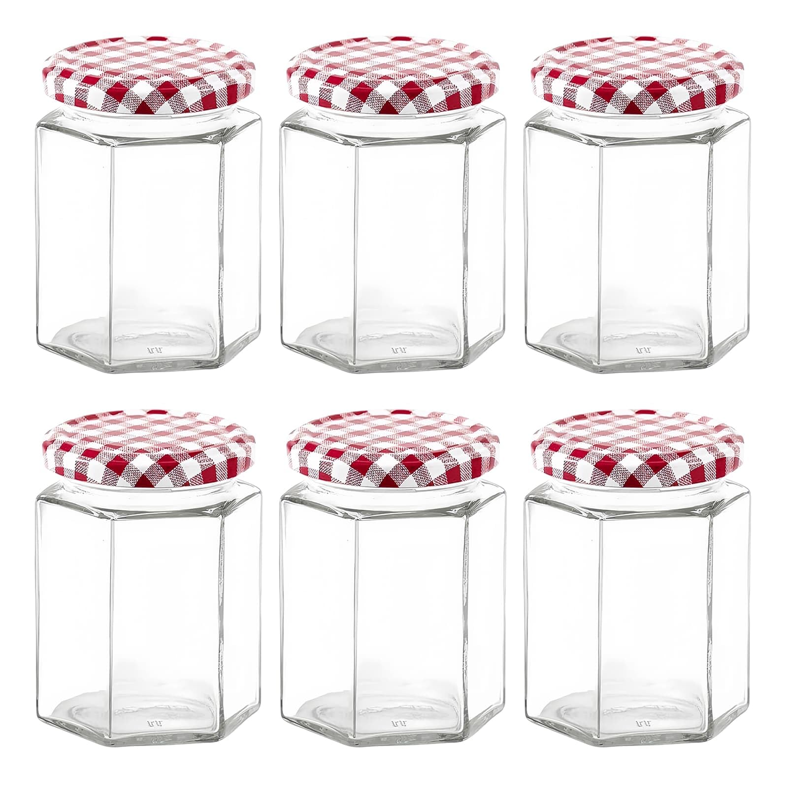 Eidoct 6 Red Glass Jam Jars Set Of 6, 280Ml / 9Oz Hexagonal Storage Glass Jars With Screw Top Red Gingham Lids, Clear Airtight Preserving Glass Jars For Marmalade, Chutney, Jam, Pickle