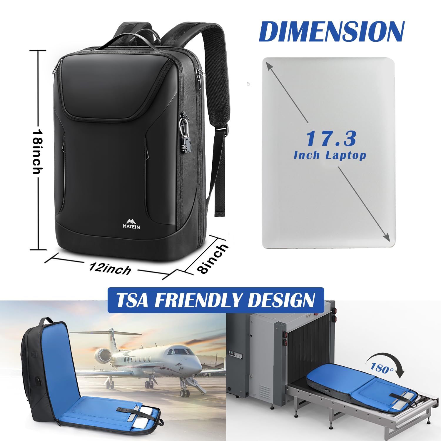 MATEIN Waterproof Laptop Backpack for Men Work, Anti Theft 17 Inch Business Backpack with Lock, Large TSA Tech Backpacks College Computer Back Pack Office Travel, Black : Electronics