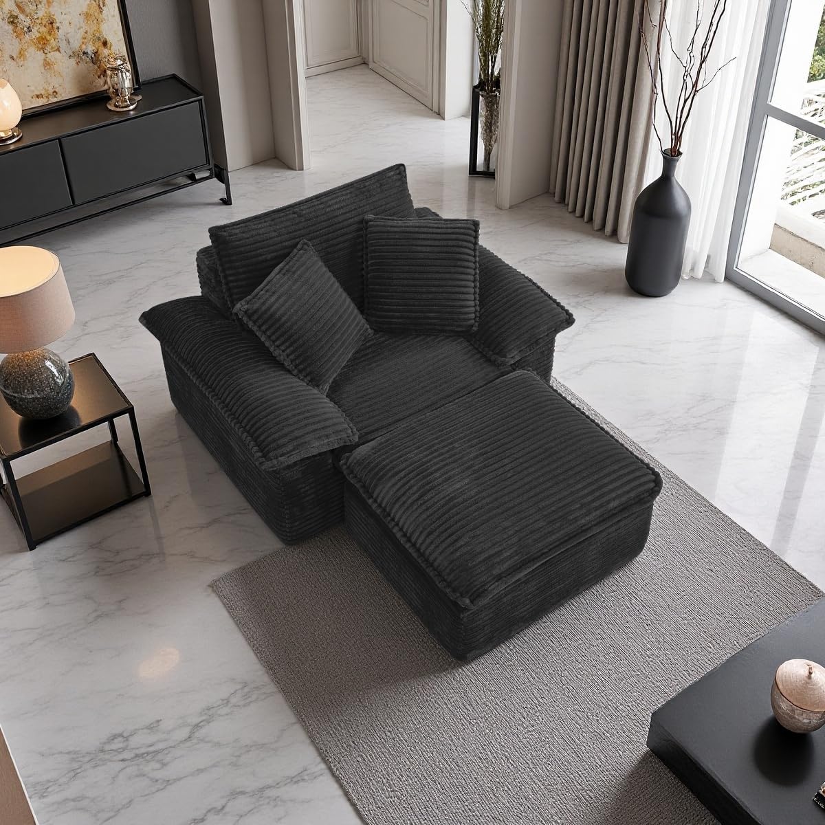 Chaise Lounge Chair with Ottoman, Black Corduroy Sofa Set, 47" Modern Single Boneless Cloud Sofa Memory Foam Couch Deep Seat with Pillow Cushion for Living Room/APT No Assembly Required