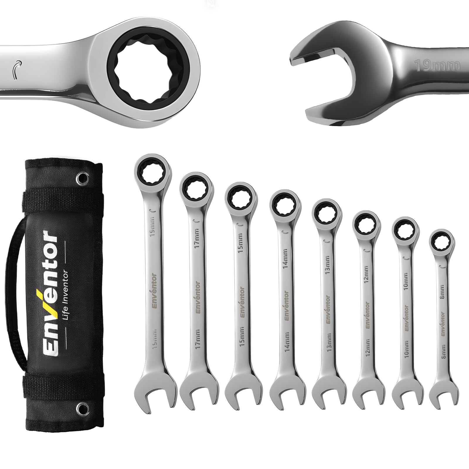 Enventor Llaves Fijas con Carraca de 8 Piezas, Juego de Llaves Combinadas con Carraca Métrico 8mm a 19mm, Acero Cromo Vanadio, 72 Dientes, Cabezal Fijo, Arco de Giro de 5°, Bolsa Global Recycled Standard Global Recycled Standard Global Recycled Standard