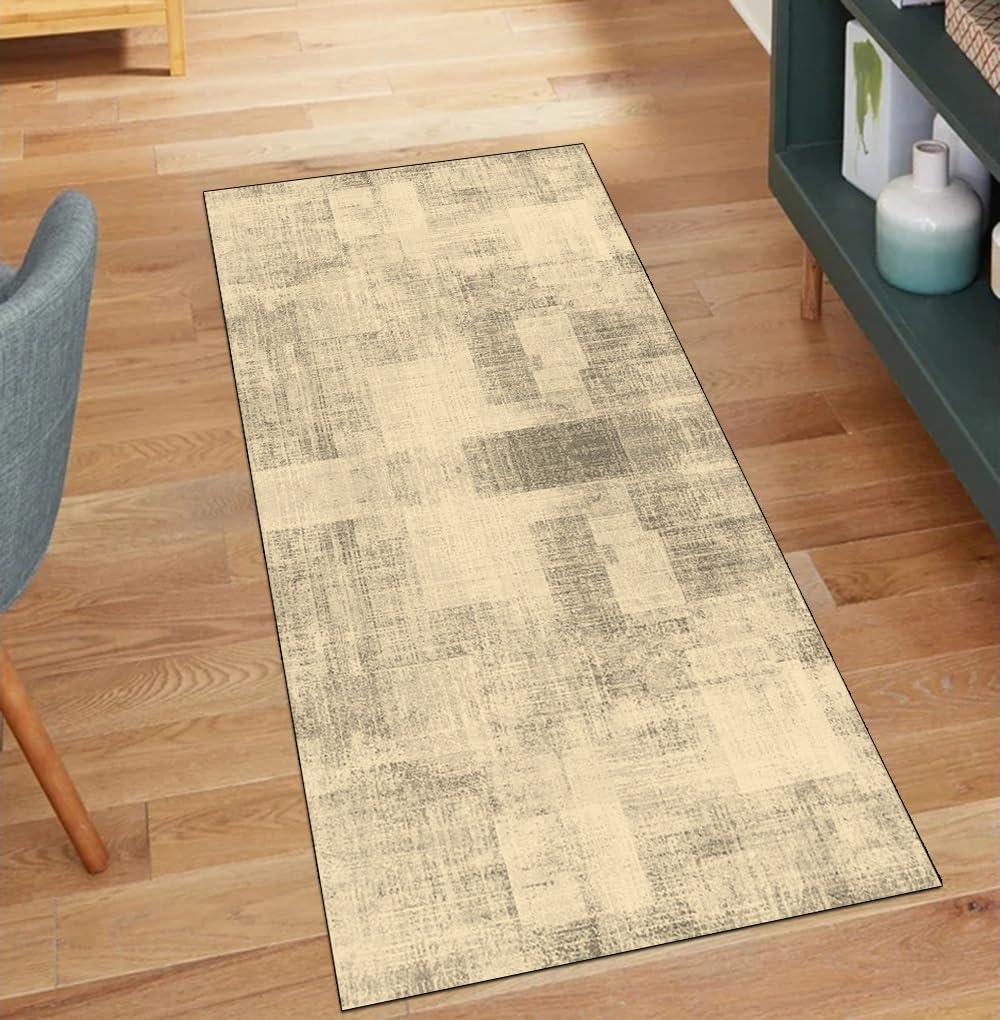 Tapis de couloir beige 90x250 cm antidérapant au design abstrait