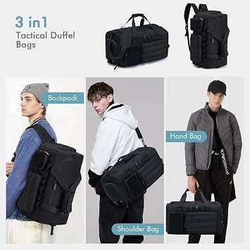 Tactical Gym Bag for Men 40L Sports Duffel Bags 3 in 1 Travel Duffel Bag with Shoe Compartment Waterproof Workout Backpack Carry On Bag for Overnight Weekender Travel Black