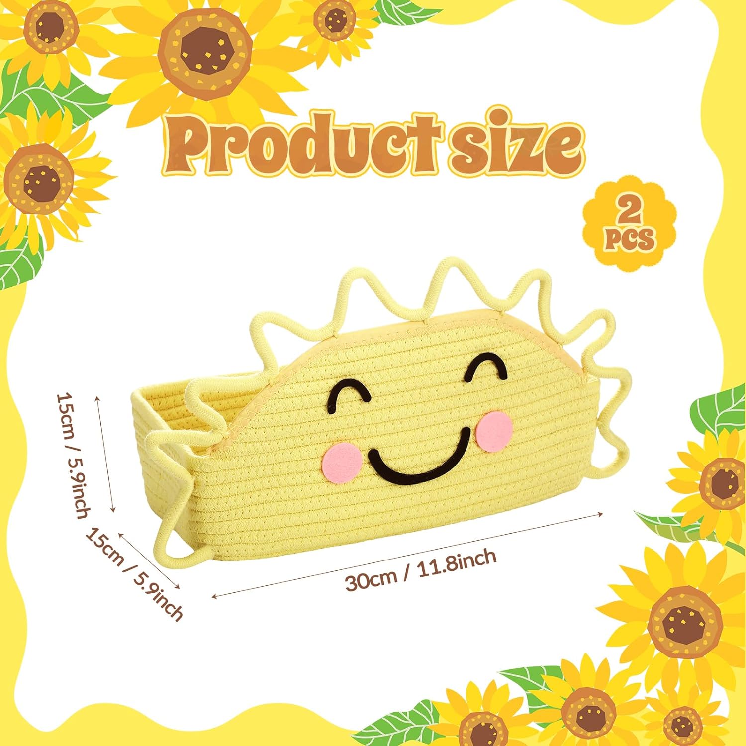 Windyun 2 Pcs Classroom Storage Baskets Woven Rope Storage Baskets Smile Face Sun Pencil Organizer Bins 12 x 6inch Book Containers for Nursery Classroom Reading Corner Library