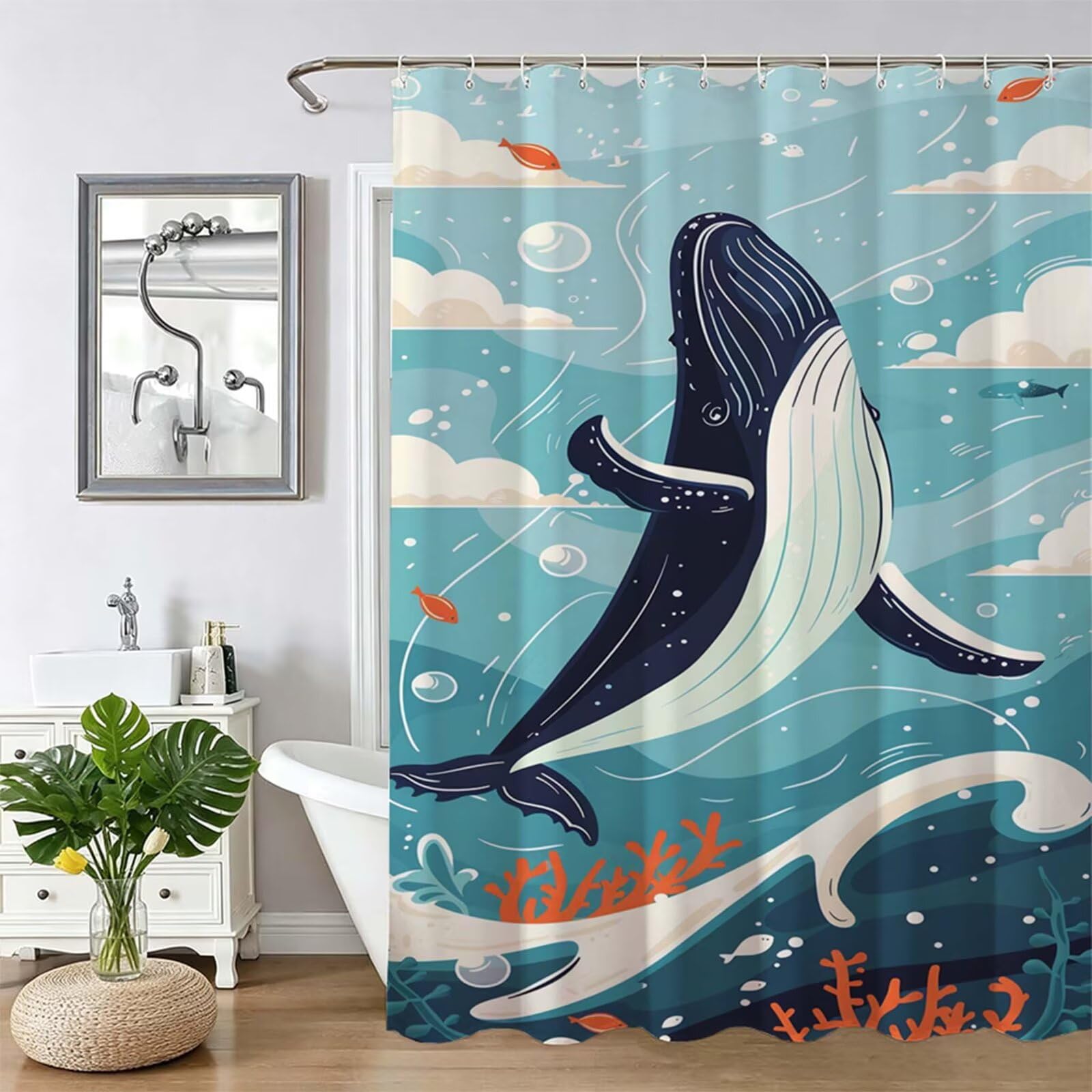 Rideau de baignoire anti-moisissure lavable en machine motif baleine