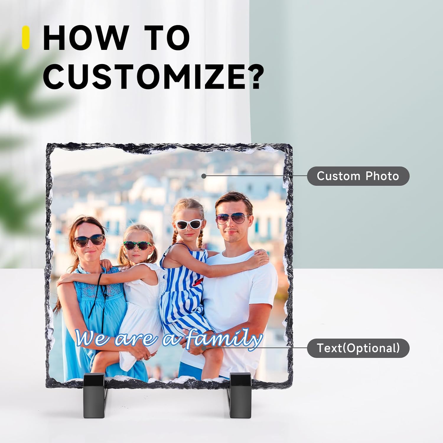 Personalized Rock Slate Photo Frame Plaque, Custom Stone Slate Picture Frame with Display Stand DIY Customized Gifts for Mothers Fathers Day Wedding Birthday Christmas (Square, Large)