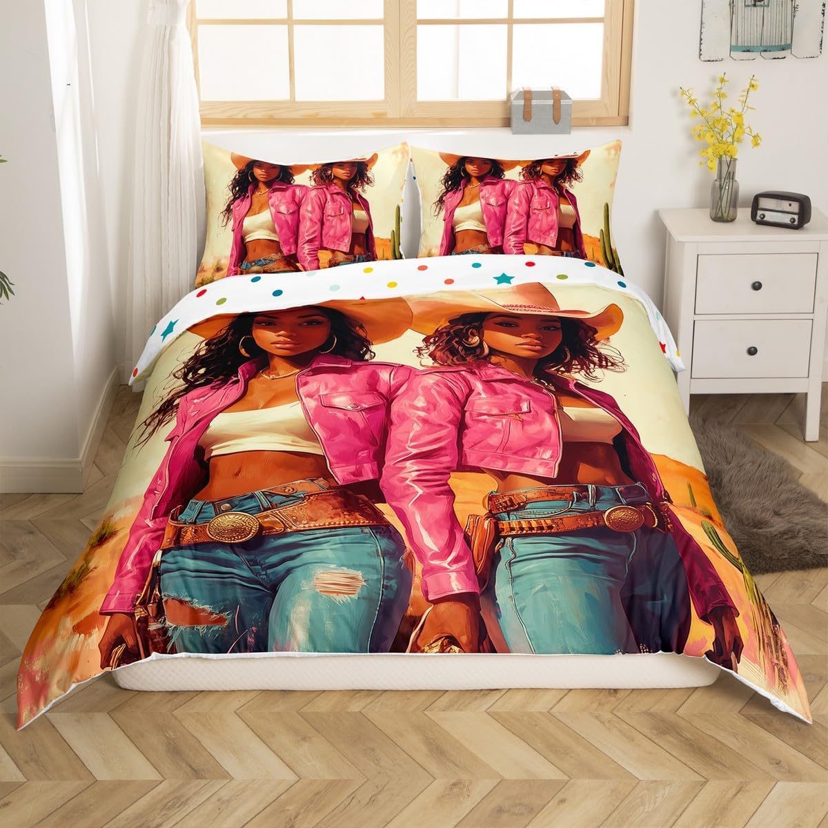 American Style Cowgirl Duvet Cover Set Toddler Size Southwest Cool Cowboy Bedding Set for Girls Modern Fashion Lady Comforter Cover Desert Cactus Quilt Cover,1 Pillowcase(No Comforter)