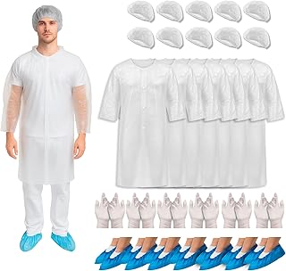 XARA 100 Gorros Descartáveis Ajustáveis + 100 Coberturas de Sapatos Impermeáveis + 100 Batas Descartáveis de Polietileno + 100 Luvas Descartáveis - Pack Hipoalergênico e Impermeável - Pack 400