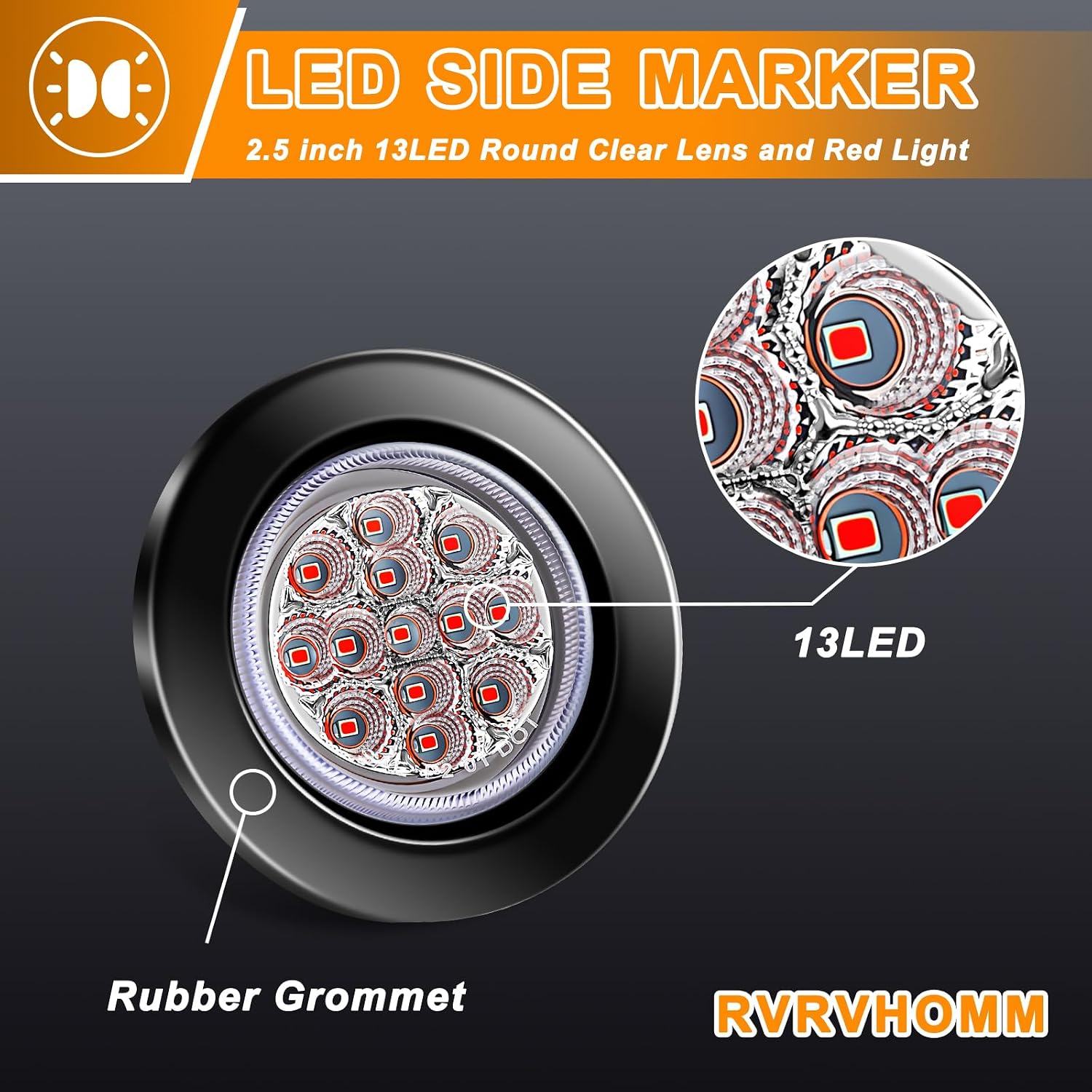 2.5" Round LED Side Marker Clearance Lights, 10Pcs 13 LED Trailer Truck Lights with Rubber Grommet and Wire Pigtail for 12V Truck Trailer RV Clear Lens with Reflectors, DOT Approved