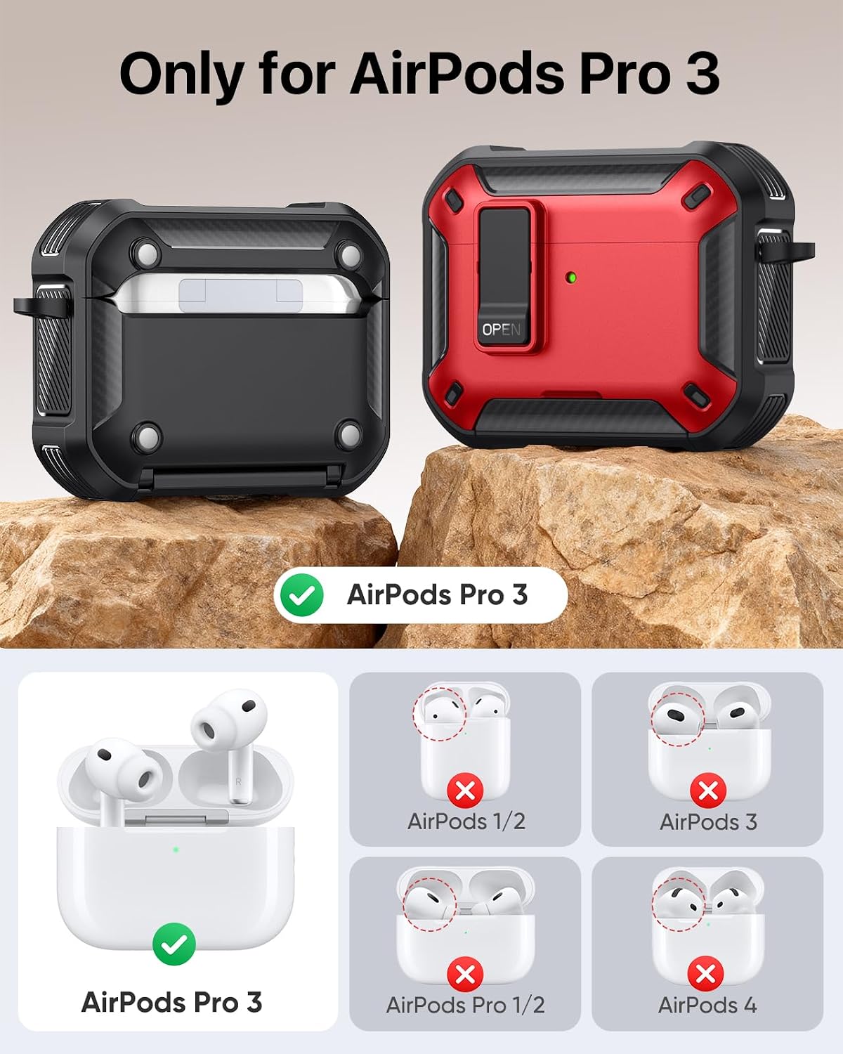 MoKo Safety Lock Case for AirPods Pro 3 (2025), Red+Black image 2