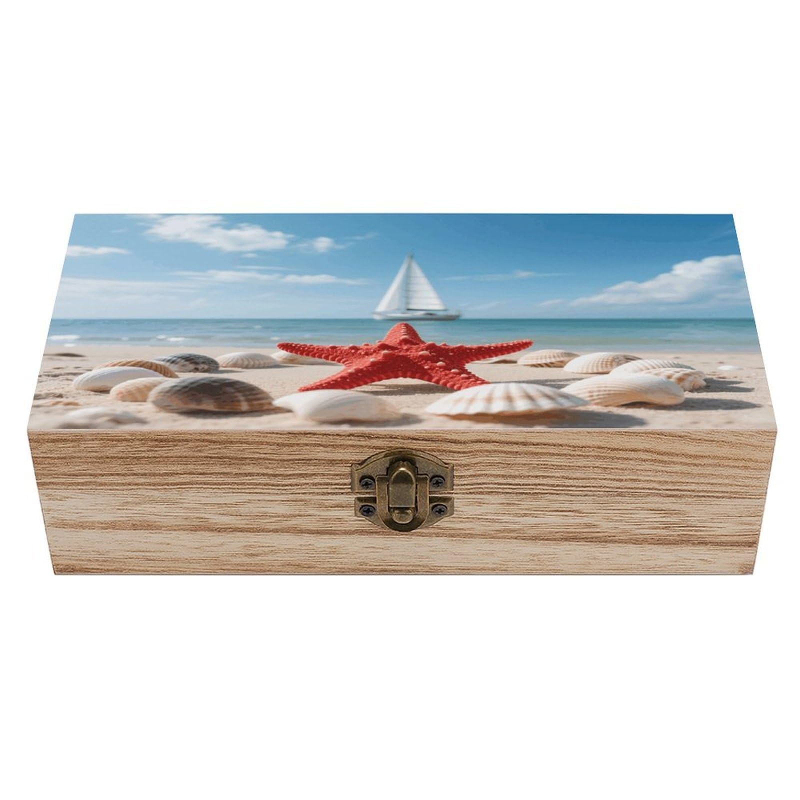 VstaDank Beach Starfish Lighthouse Wooden Storage Box Vintage Style Wooden Storage Case with A Hinged Lid Memory Treasure Boxes Decorative Jewelny Photos for Organizer 7.9 * 3.7 * 2.3 Inch