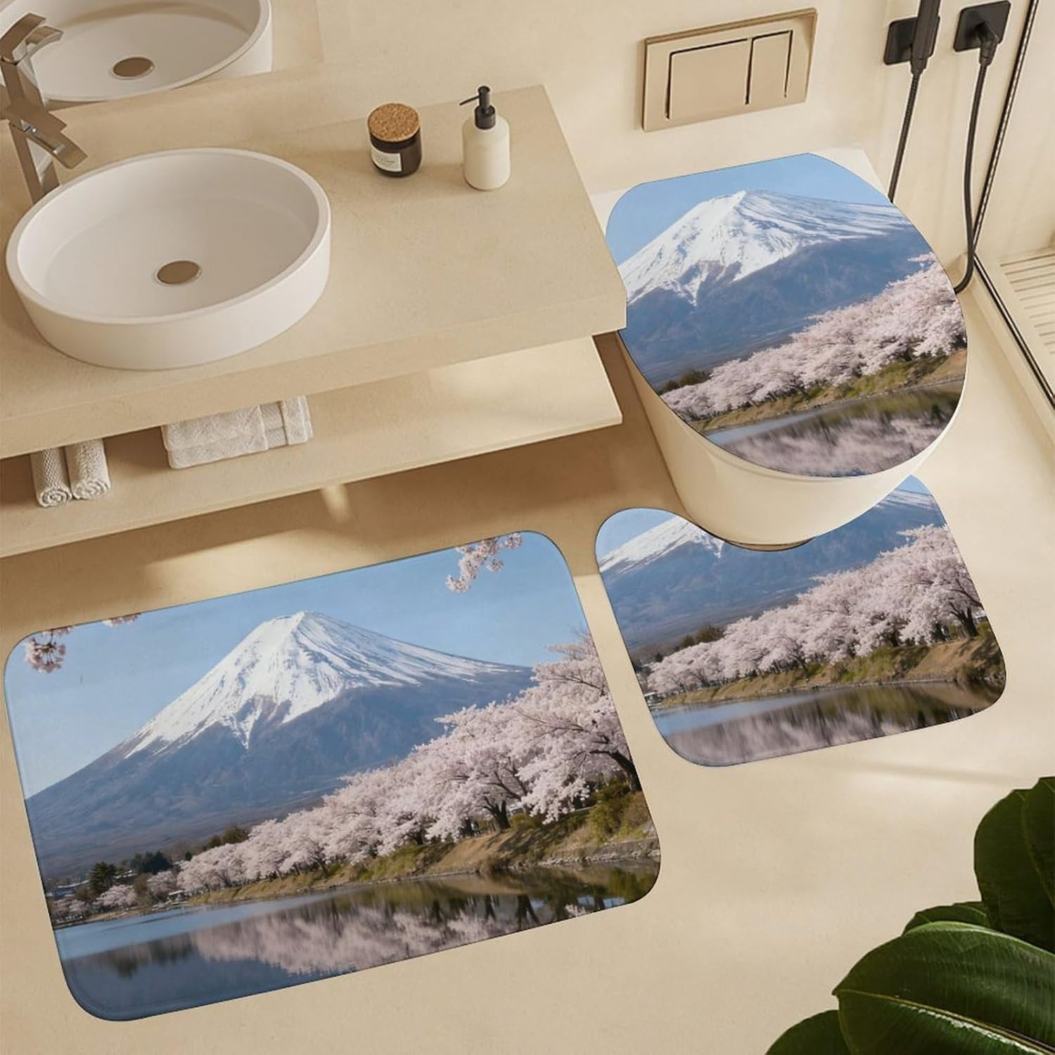 4 Piece Bathroom Rug Set with Shower Curtain, Non-Slip Bath Mat Toilet Cover Set, Mount Fuji Bathroom Rug Sets