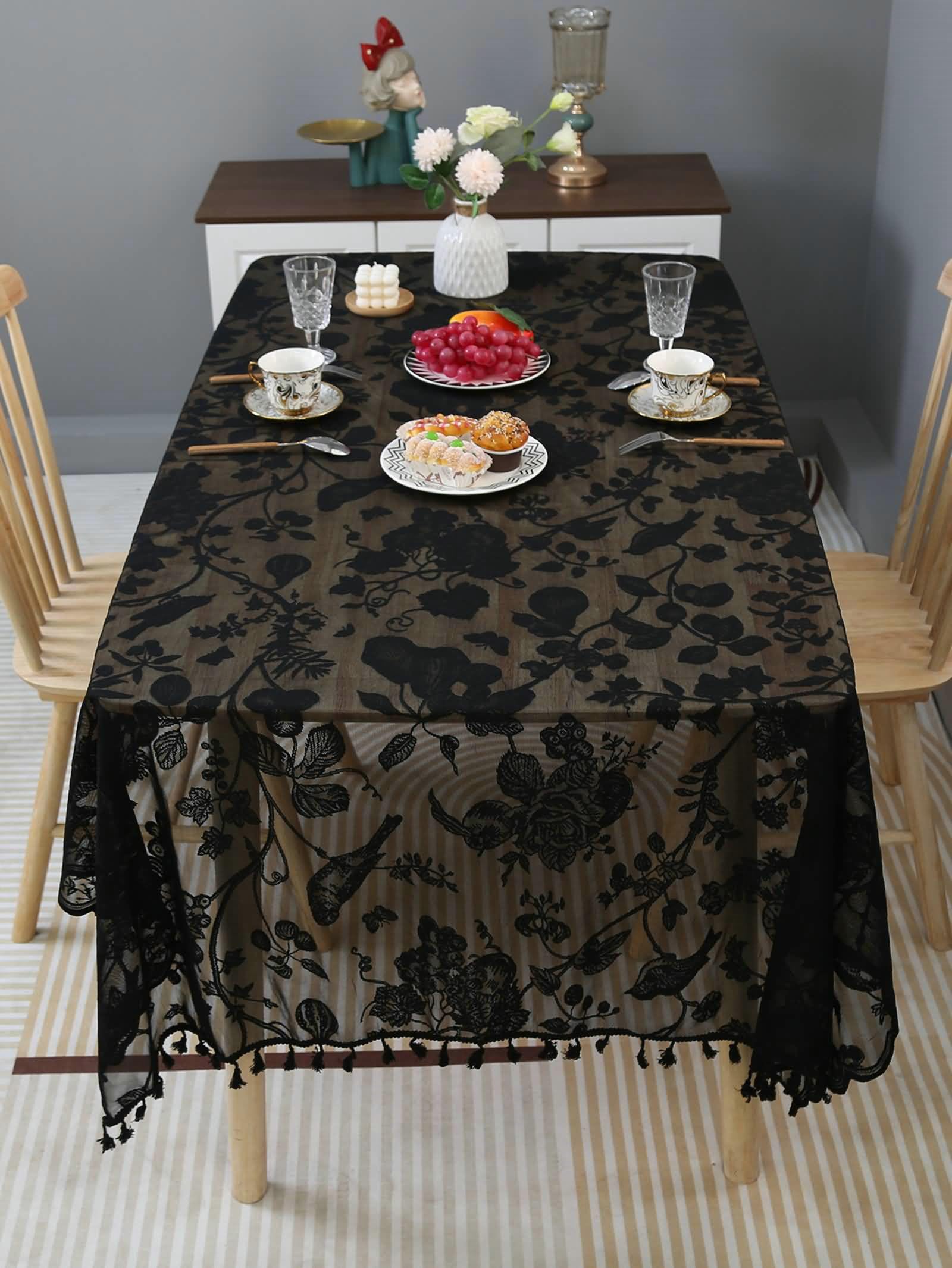 Tovaglia Rettangolare 140 x 180cm, Tovaglie Quadrate Antimacchia Nero Pizzo Fiore e Uccello Ricamo Tovaglia
