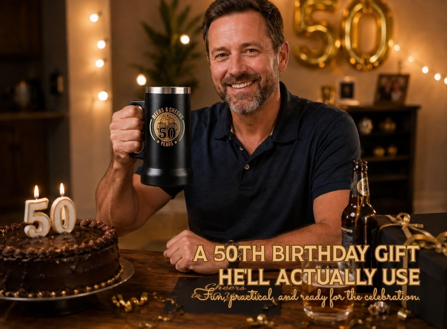 50th Birthday Gifts for Men, Beers & Cheers to 50 Years, 24 oz Insulated Beer Stein Mug with Handle, Stainless Steel Tumbler, 50 Birthday Present for Dad, Husband, Brother, Friend, Black