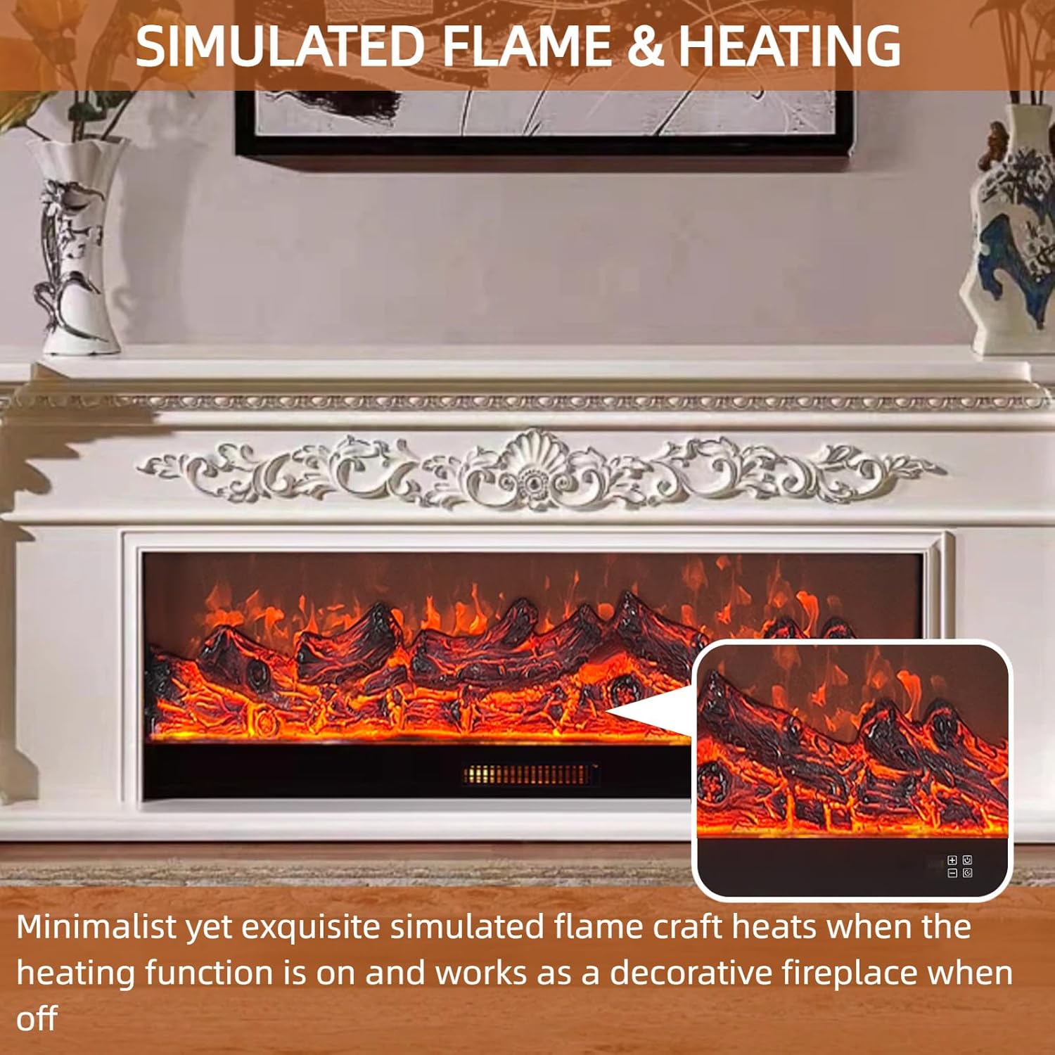Electric Fireplace - White Electric Fireplace Heater with Mantel Includes Luxury Carving, Freestanding TV Stand with Faux Flame for Living Room (79IN)
