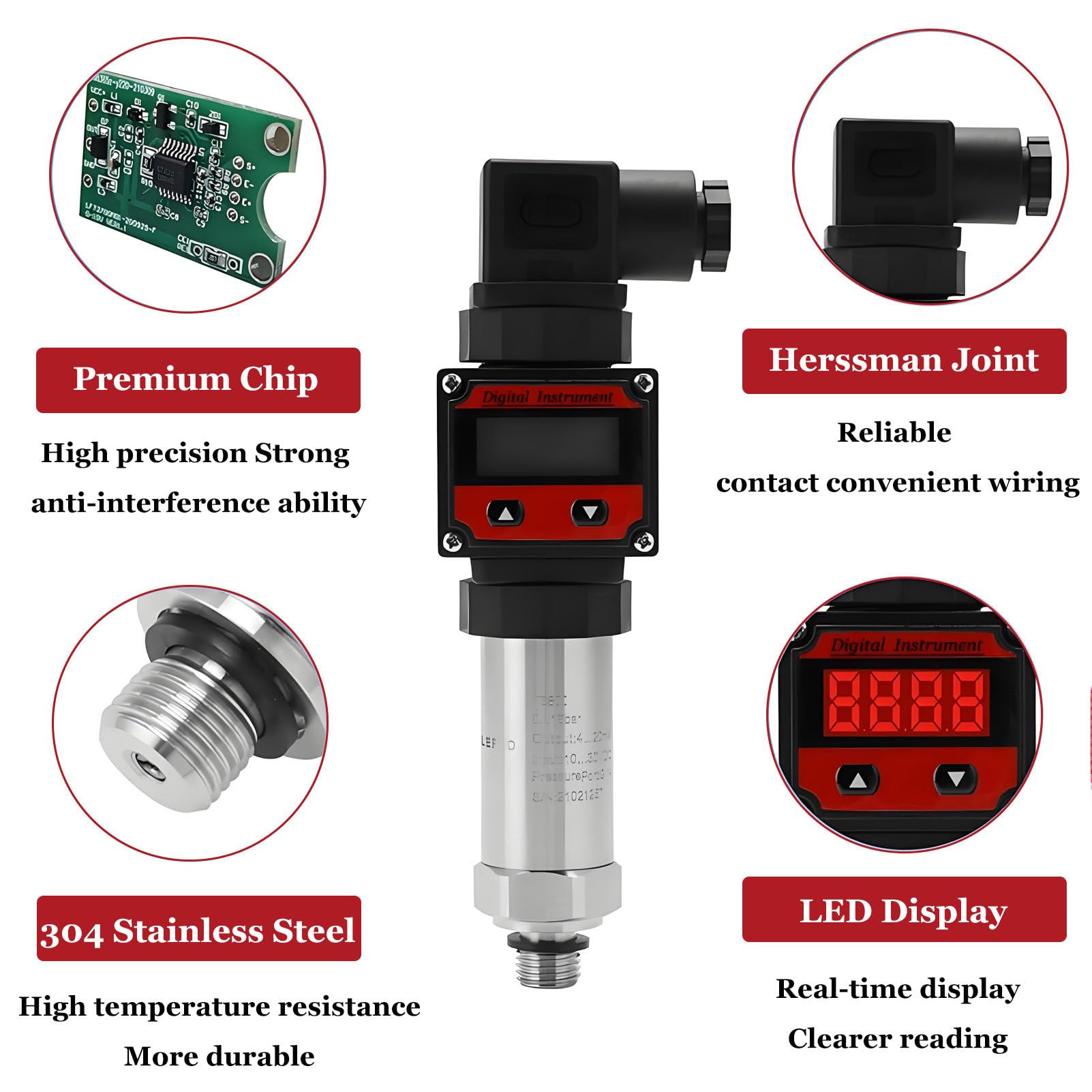 Trasmettitori di pressione idraulica con display digitale a LED 4-20 mA RS485 Sensore di livello del gas combustibile per acqua Misuratore di vuoto assoluto, intervallo -100 KPa-60 MPa 0-100KPa