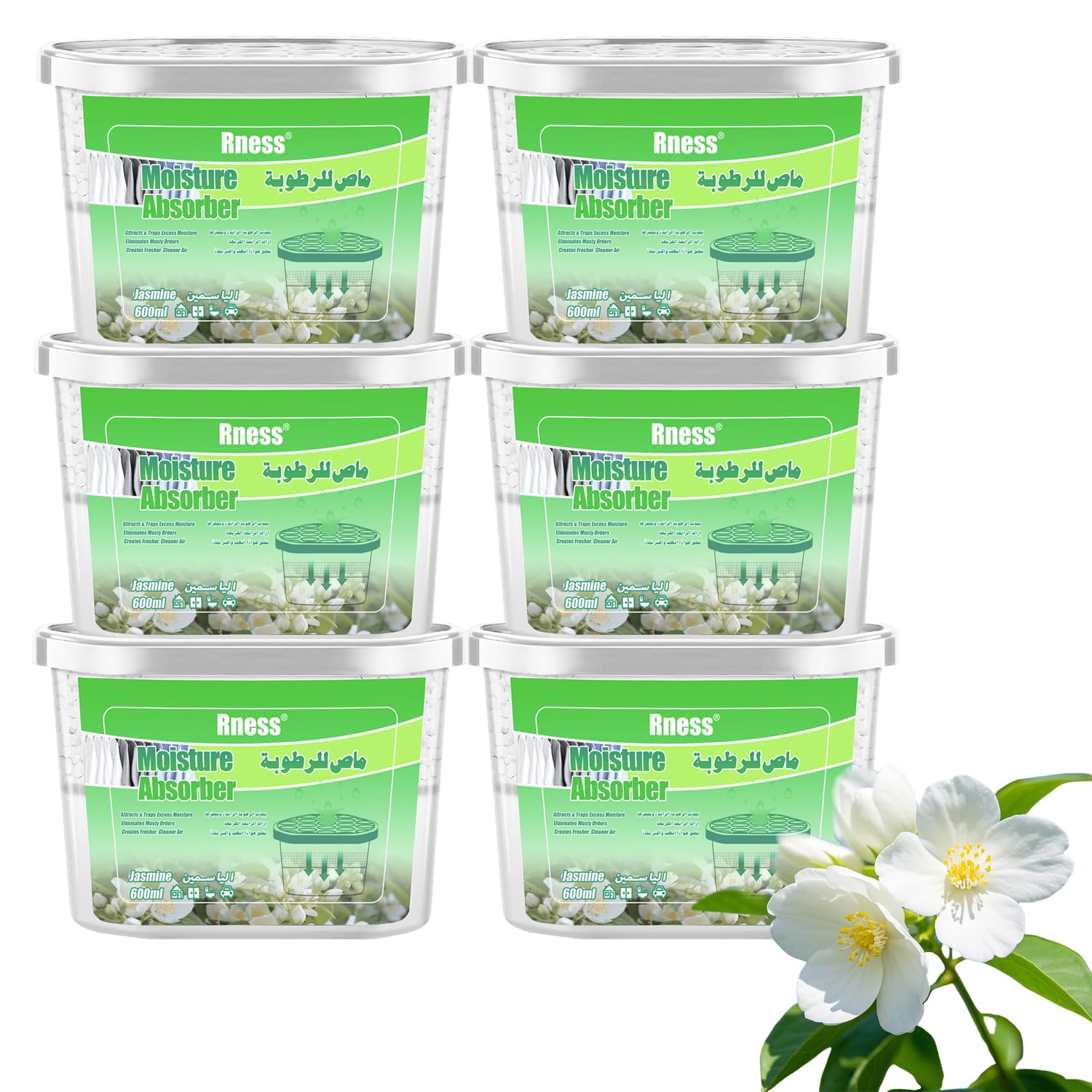 Rness Jasmine Moisture Absorber Boxes,Moldproof Deodorizing Desiccant Dehumidifier Boxes Jasmine Aroma Humidity Absorber for Bathroom Closet Wardrobe Kitchen 6 Pack(600 ml each)