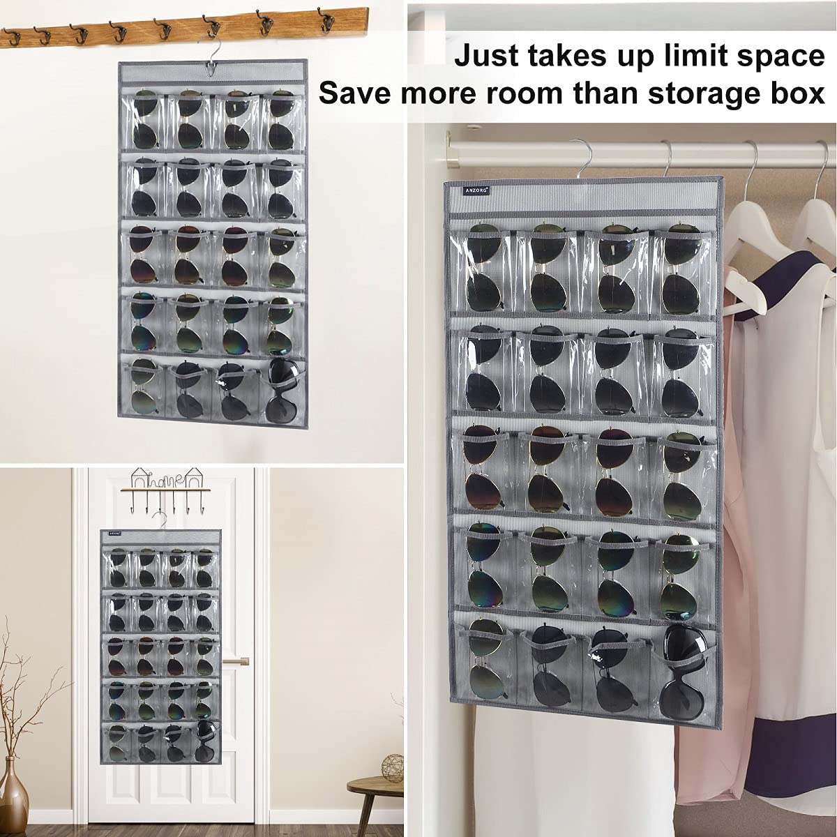 Over the Door Hanging Sunglasses Organizer Storage Sunglass Rack Holder Eyewear Display Case with 16 Clear Pockets
