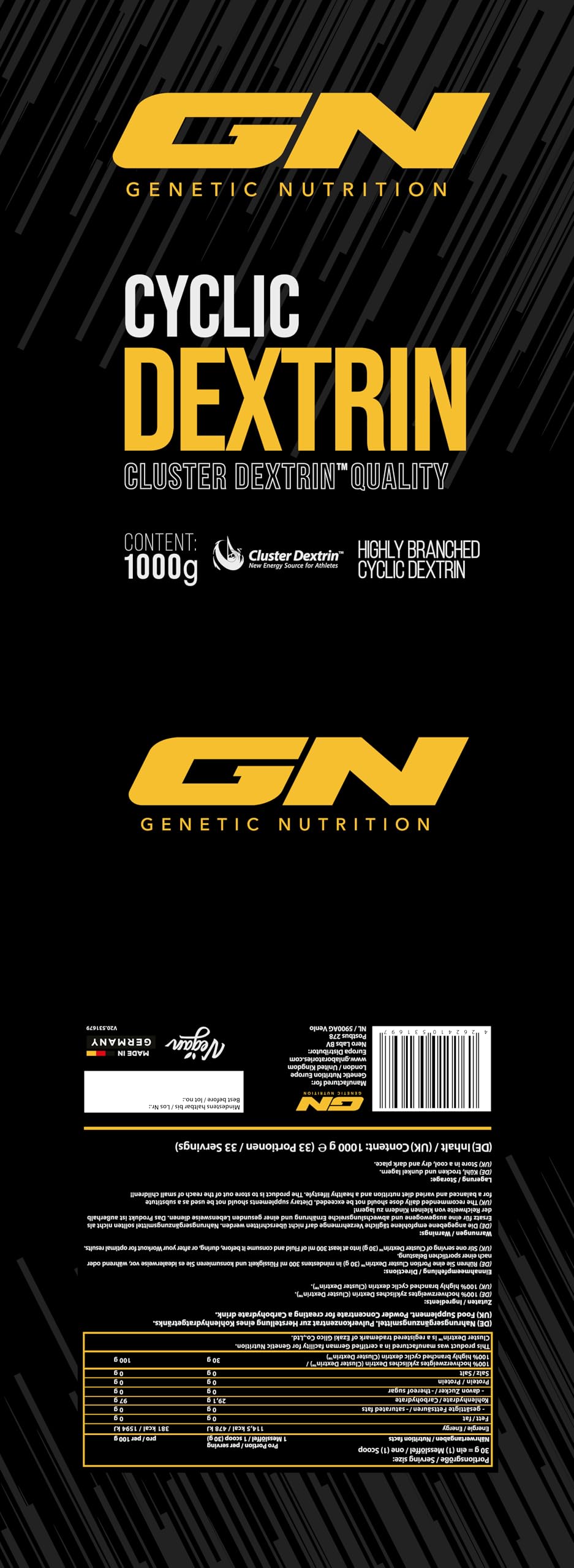 GN Laboratories Cyclic Dextrin (Cluster Dextrin®) 1000g – Hochverzweigtes zyklisches Dextrin – Feines Kohlenhydrate Pulver – Hohe Bioverfügbarkeit - Vegan - Made in Germany
