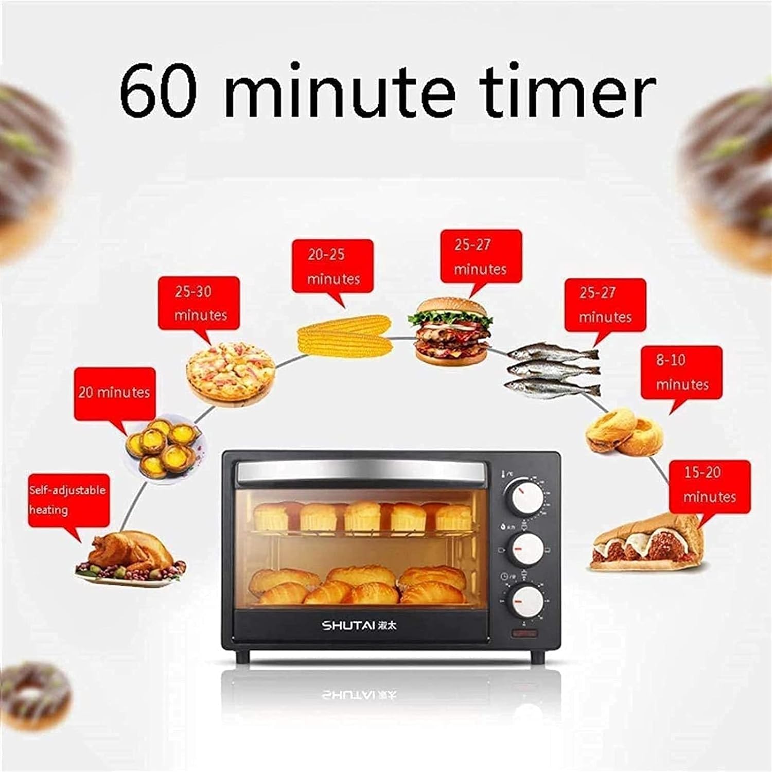 Tabletop Electric Oven 20L Mini Oven 3 Heating Methods Adjustable Temperature 0-250 ℃ and 60 Minutes Timer Household Multi-Function Cake Bread Aesthetic and l