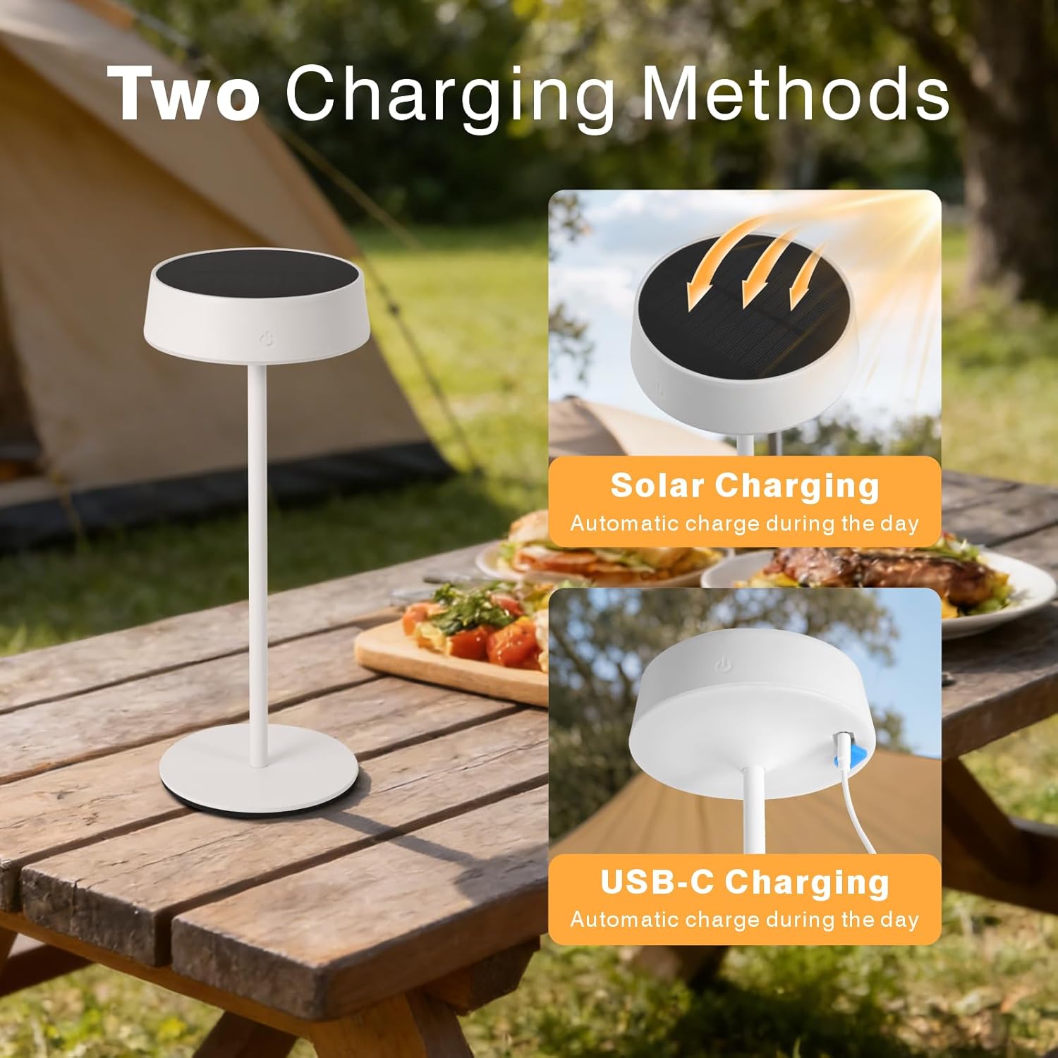 Solar Table Lamp, Waterproof Shower Lamp with 3 Color Dimmable, Rechargeable LED Lamp for Outdoor, Patio, Garden, Camping, Bathroom, Bedroom (White)
